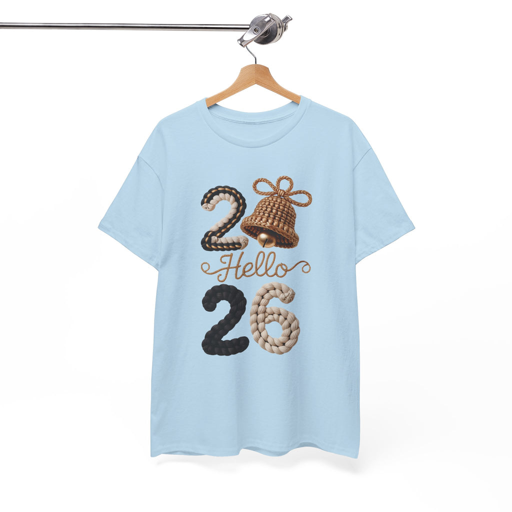 Hello 2026 Tee — Cozy Faux Yarn Braided Numbers with Woven Golden Bell..Unisex Cotton Tee