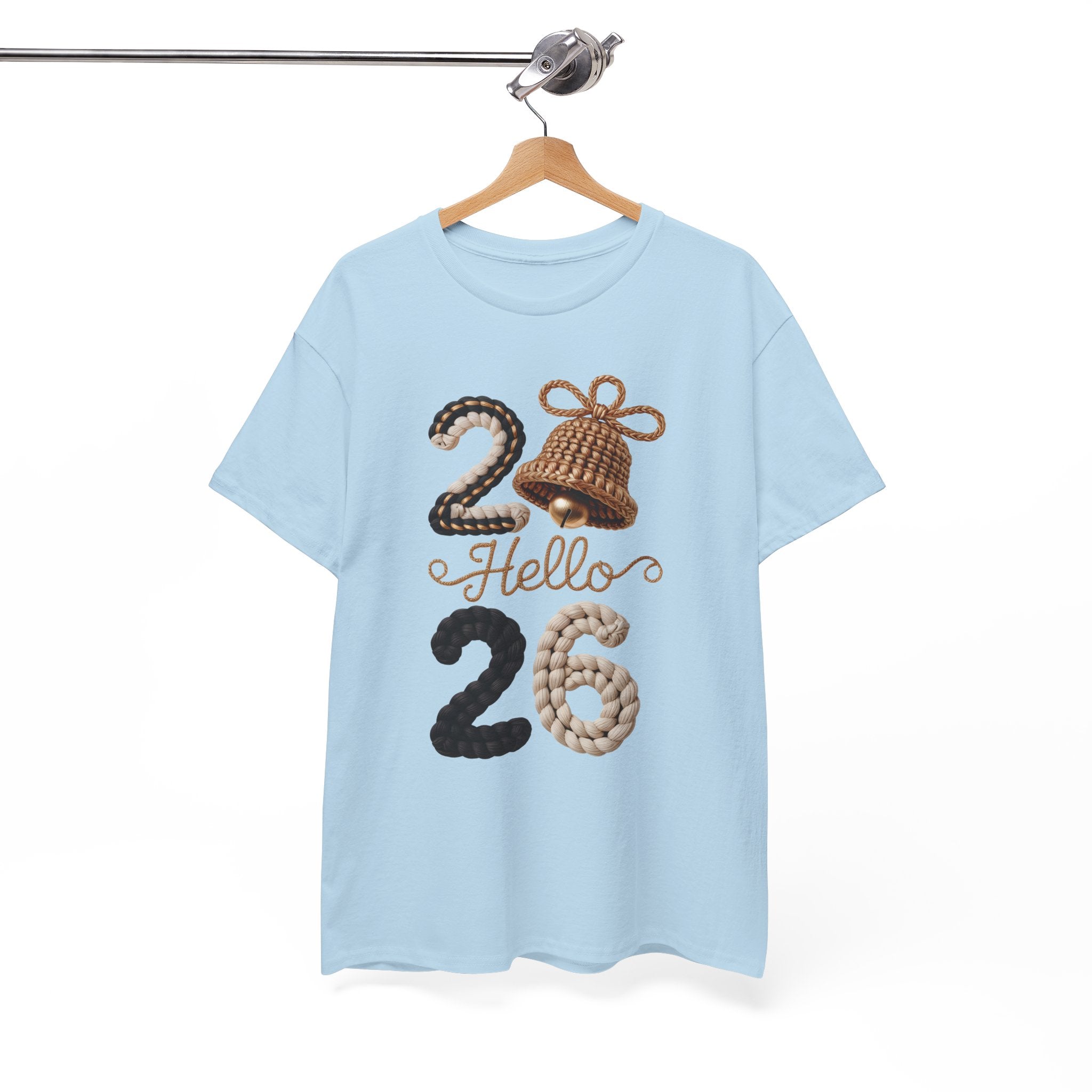 Hello 2026 Tee — Cozy Faux Yarn Braided Numbers with Woven Golden Bell..Unisex Cotton Tee