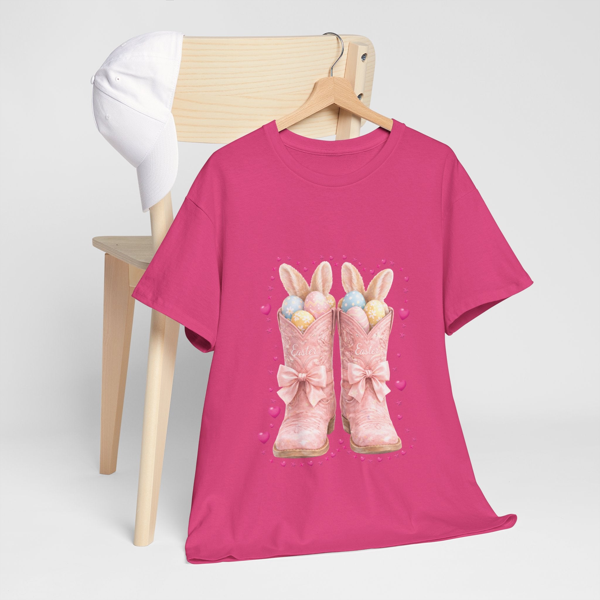 Easter Pink Western Boots Tee — Pastel Bunny Eggs & Bows Unisex Cotton Tee