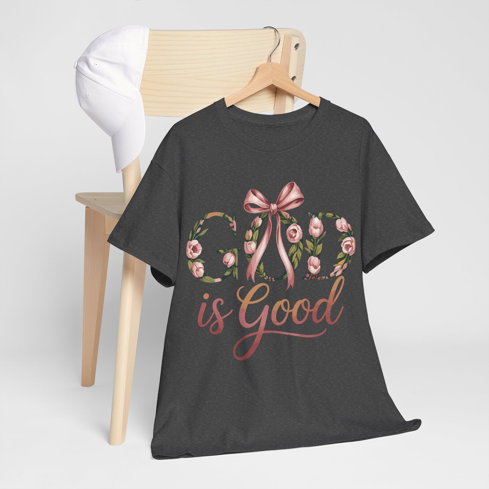 God Is Good Pink Rose Tee — Floral Ribbon Faith Unisex Cotton T-Shirt