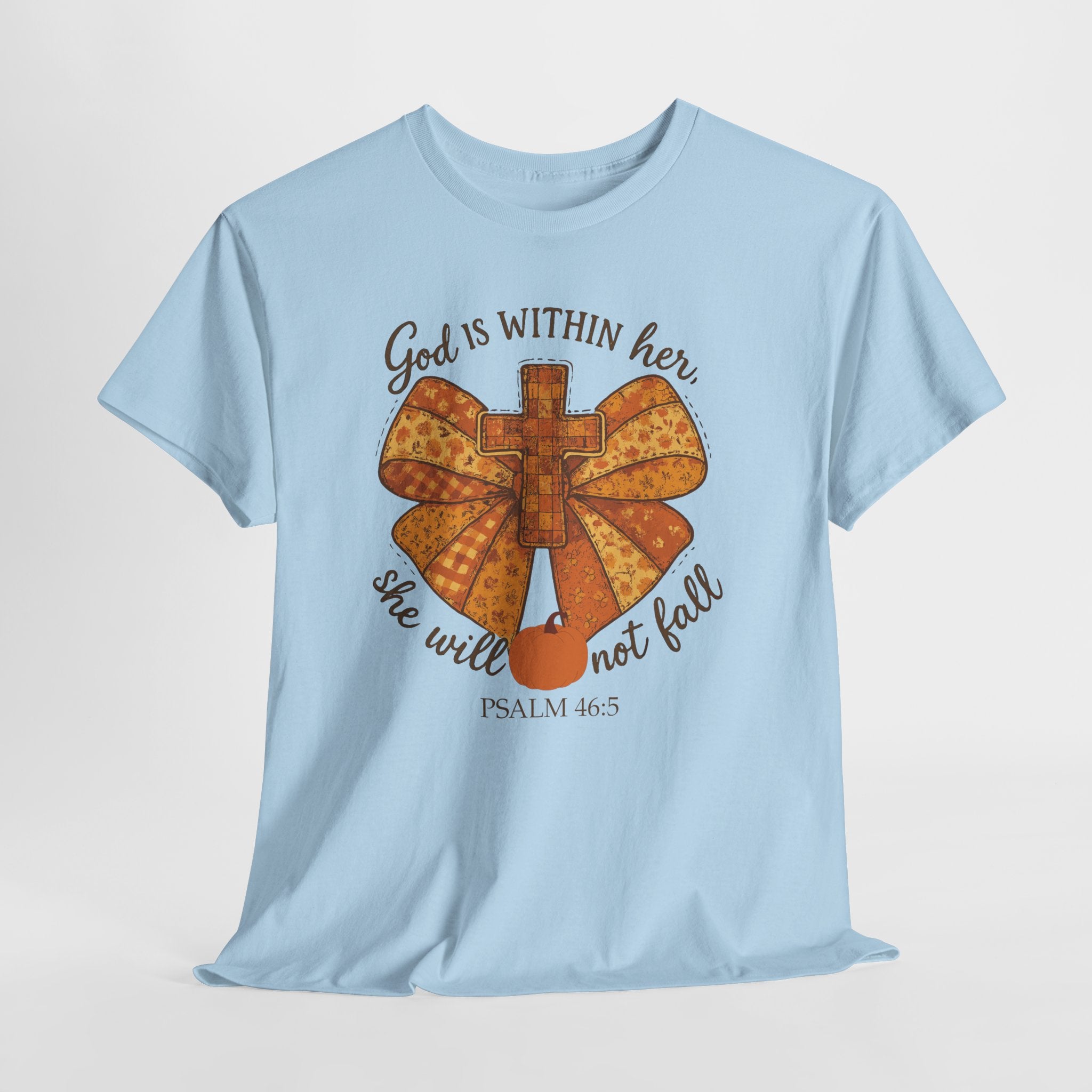 Psalm 46:5 Cross Patchwork Tee — Fall Bow Christian Unisex Cotton T-Shirt