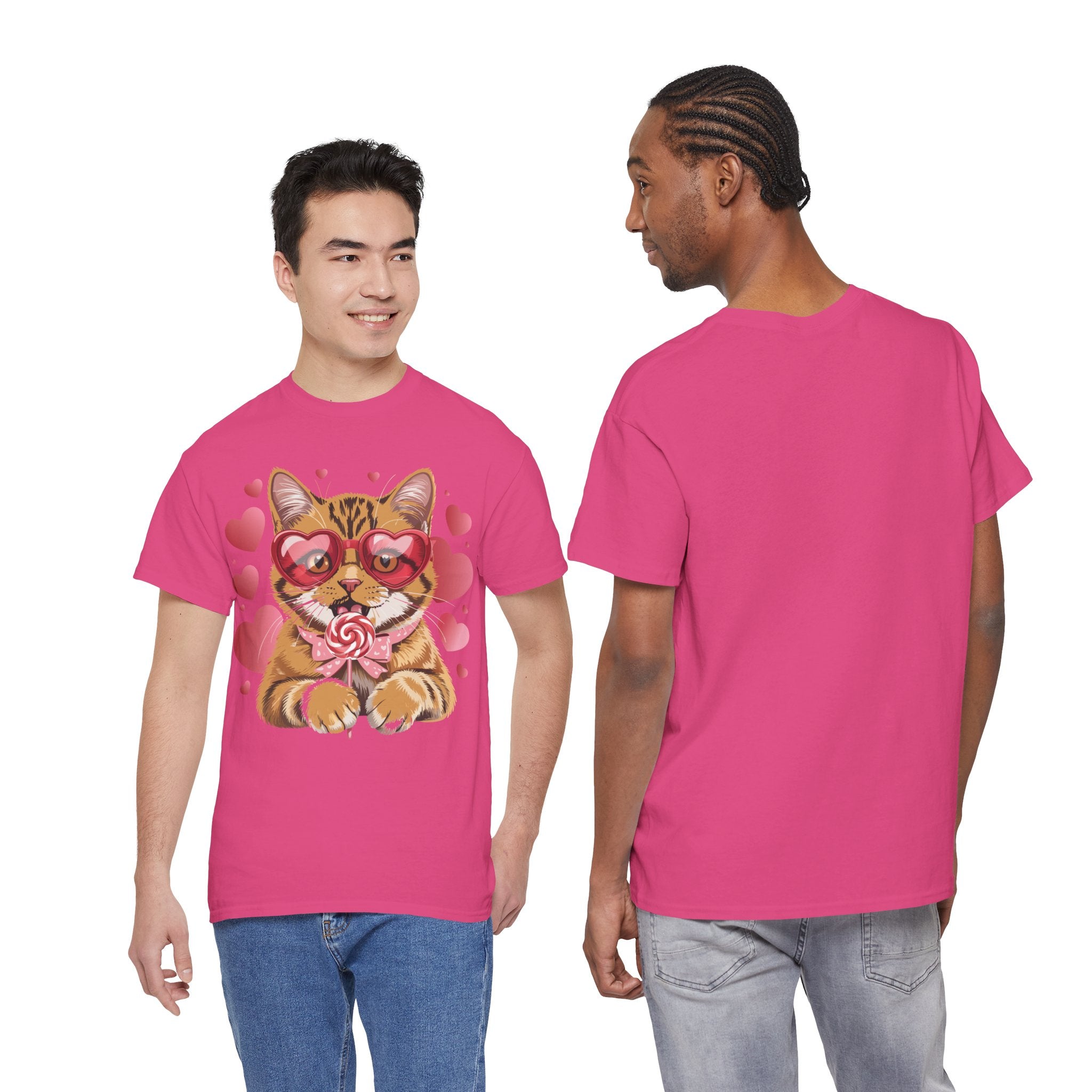 Valentine Cat Tee — Heart Glasses, Lollipop Bow Unisex Cotton Tee