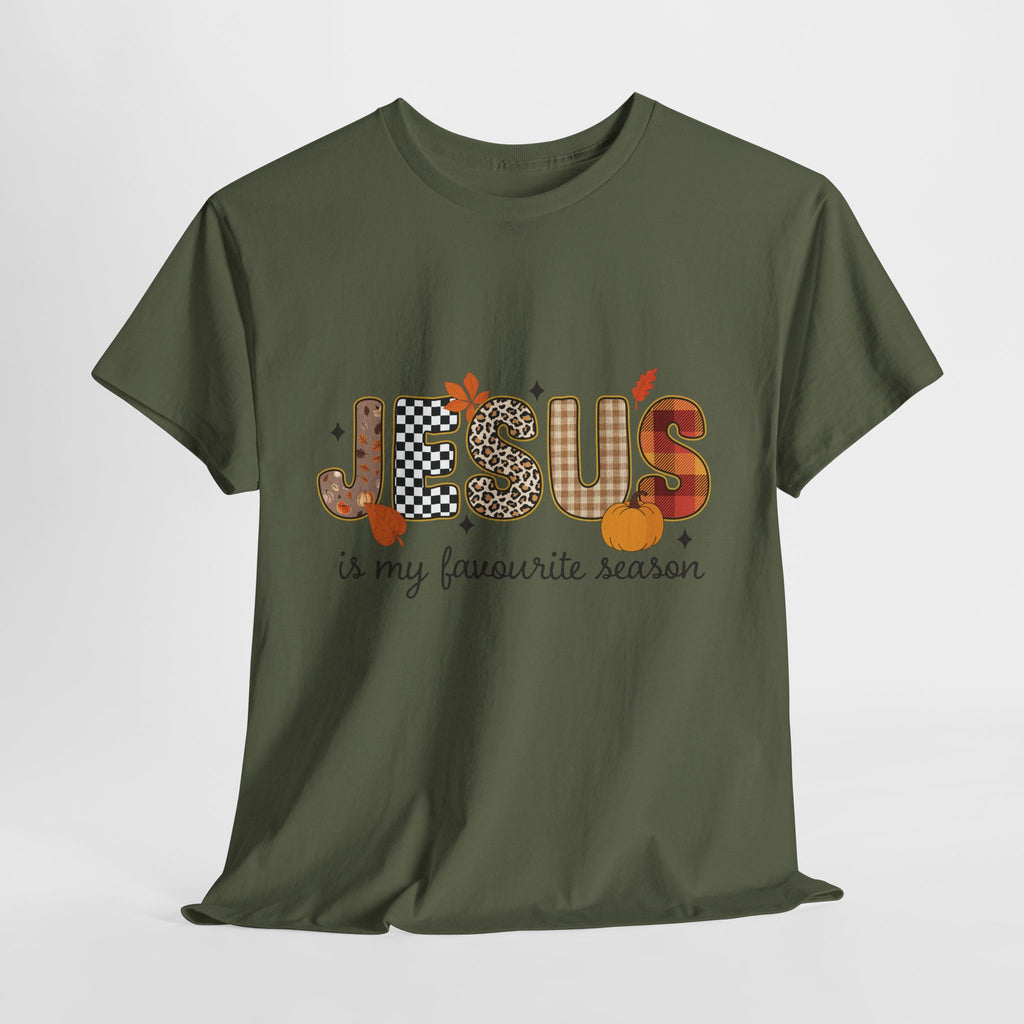 Jesus Is My Favorite Season Tee — Autumn Plaid & Leopard Lettering Unisex Cotton Tee
