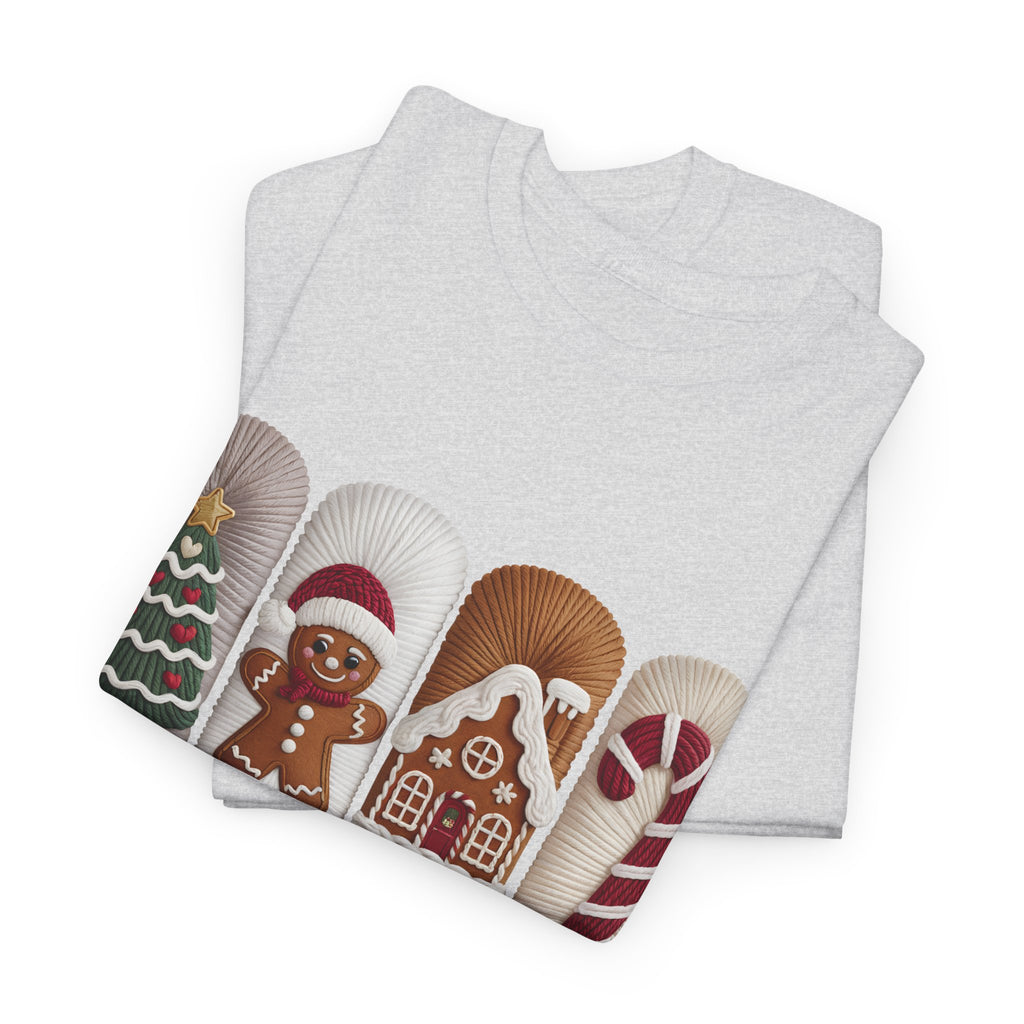 Christmas Faux-Yarn Tree Tee — Gingerbread House & Candy Cane Holiday Unisex Cotton T-Shirt