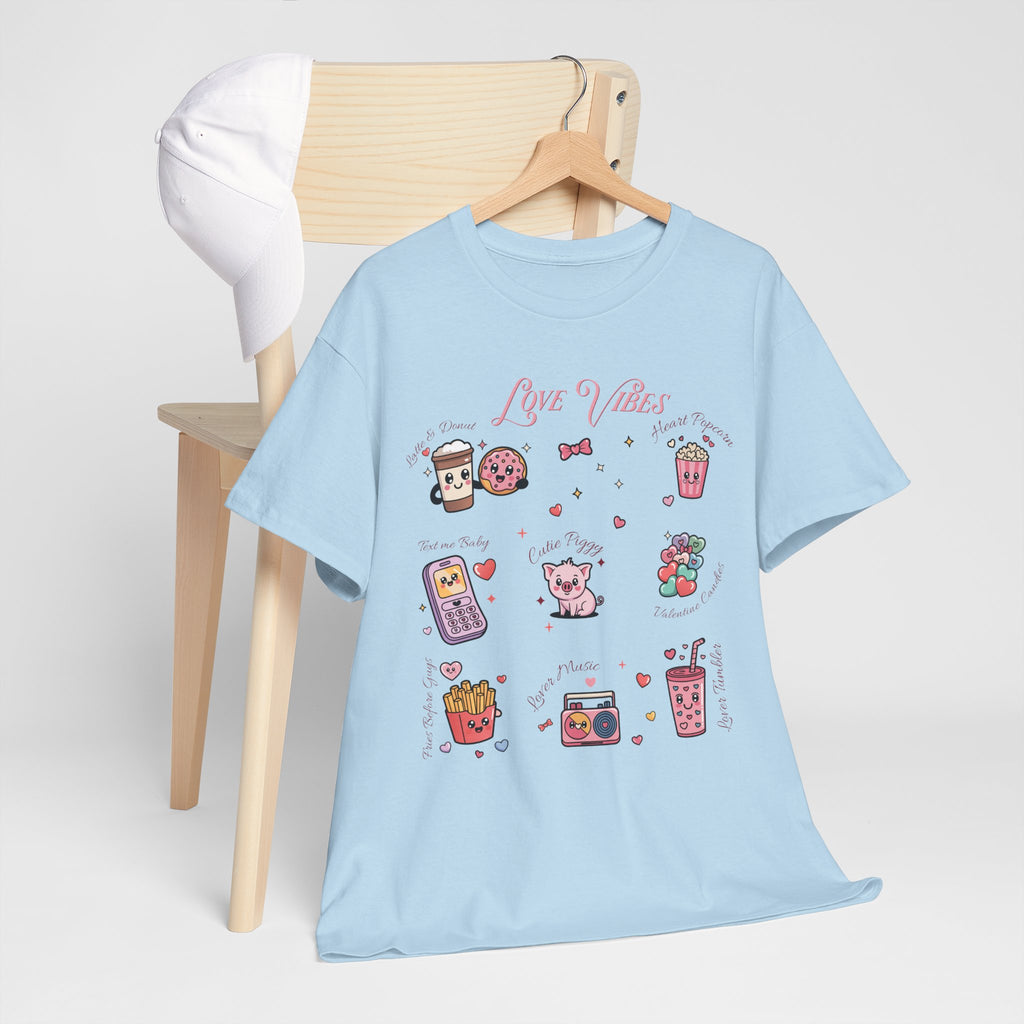 Love Vibes Kawaii Valentine T-Shirt — Cute Donut, Coffee & Piglet Design Unisex Cotton Tee