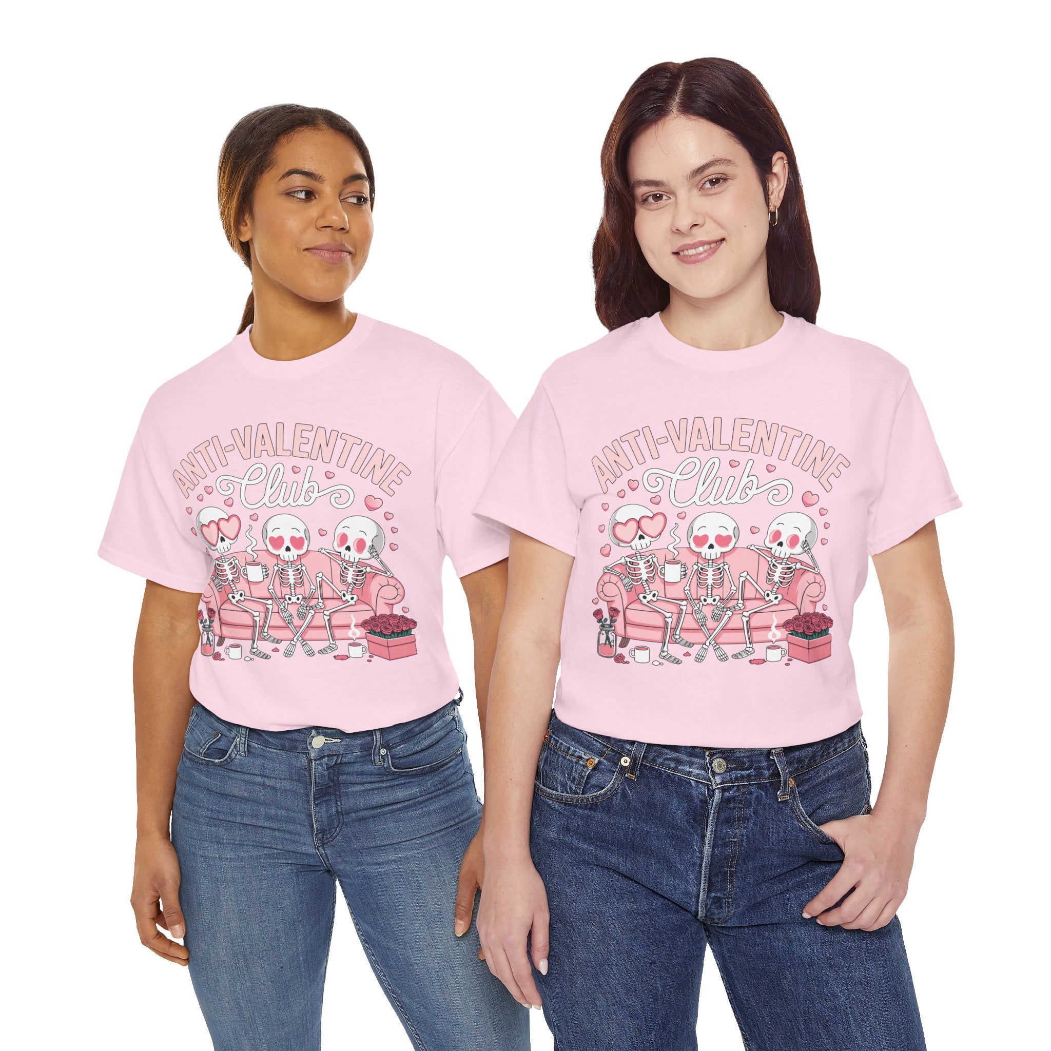 Anti-Valentine Club Skeleton Tee — Anti-Romance Pink Couch Graphic Unisex Cotton T-Shirt