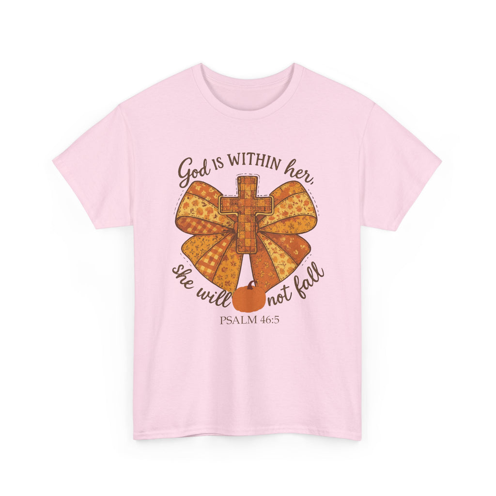 Psalm 46:5 Cross Patchwork Tee — Fall Bow Christian Unisex Cotton T-Shirt