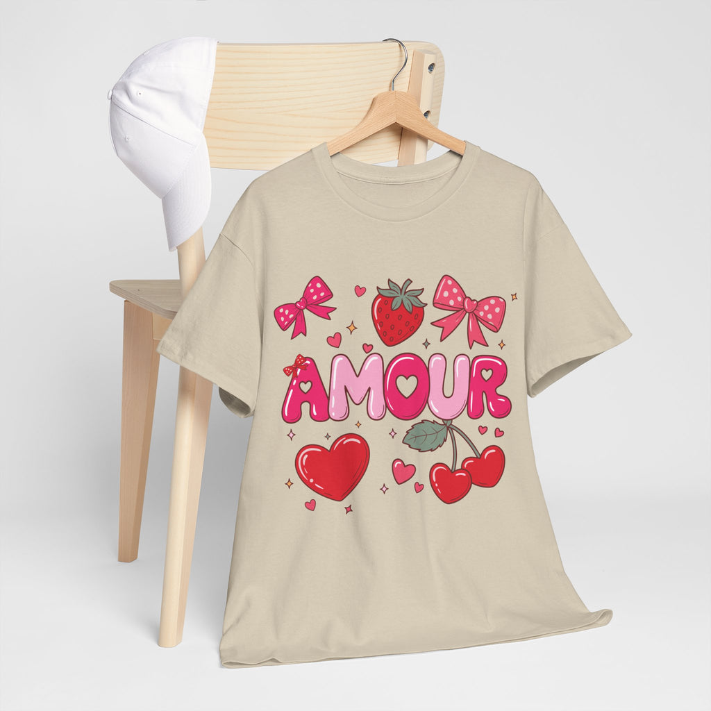 Amour Pink Hearts Tee — Shiny Lettering with Bows, Cherries & Strawberry Accent...Unisex Cotton Tee