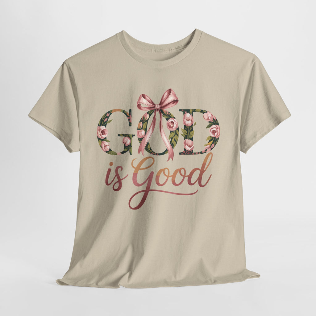 God Is Good Pink Rose Tee — Floral Ribbon Faith Unisex Cotton T-Shirt
