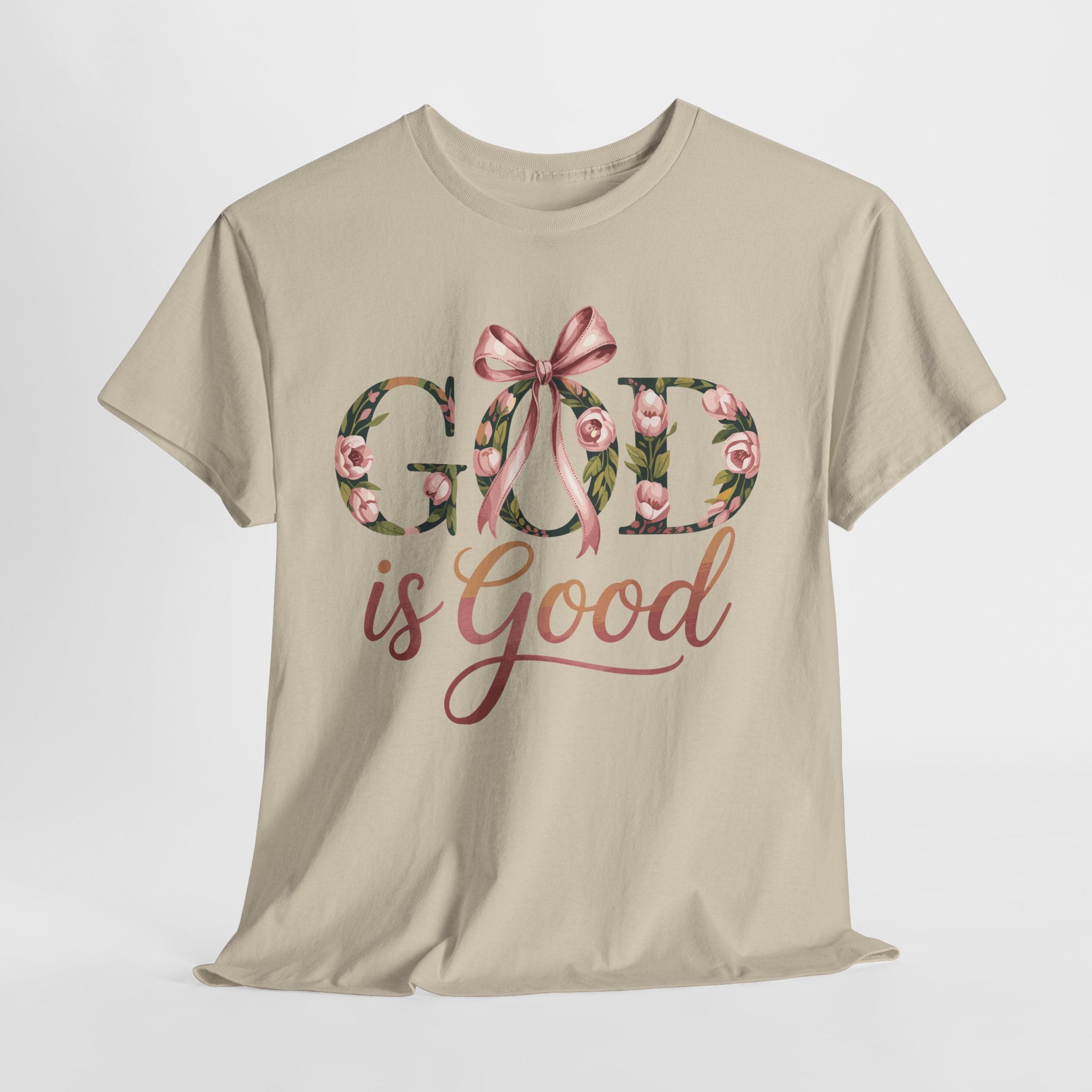 God Is Good Pink Rose Tee — Floral Ribbon Faith Unisex Cotton T-Shirt