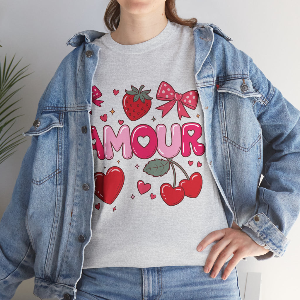 Amour Pink Hearts Tee — Shiny Lettering with Bows, Cherries & Strawberry Accent...Unisex Cotton Tee