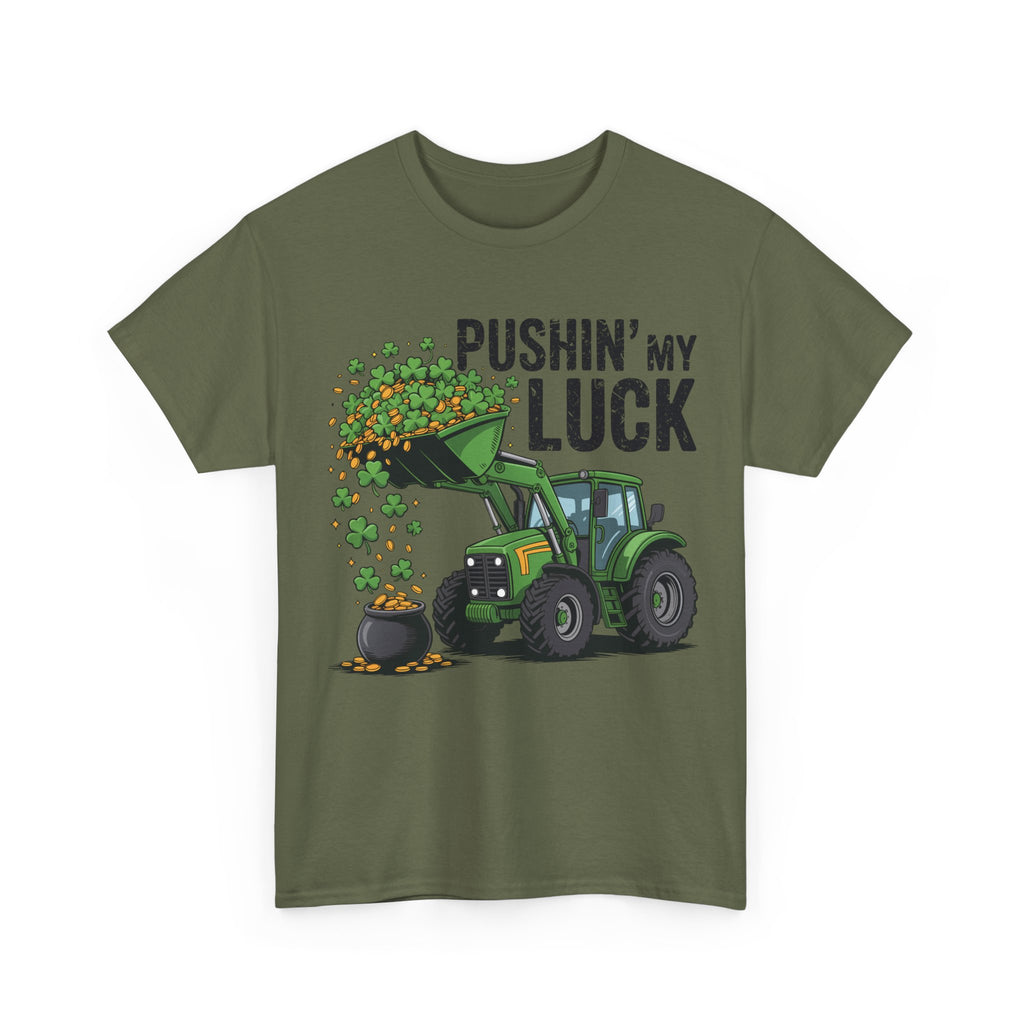 Pushin' My Luck Shamrock Tractor Tee — St. Patrick's Day Unisex Cotton T-Shirt
