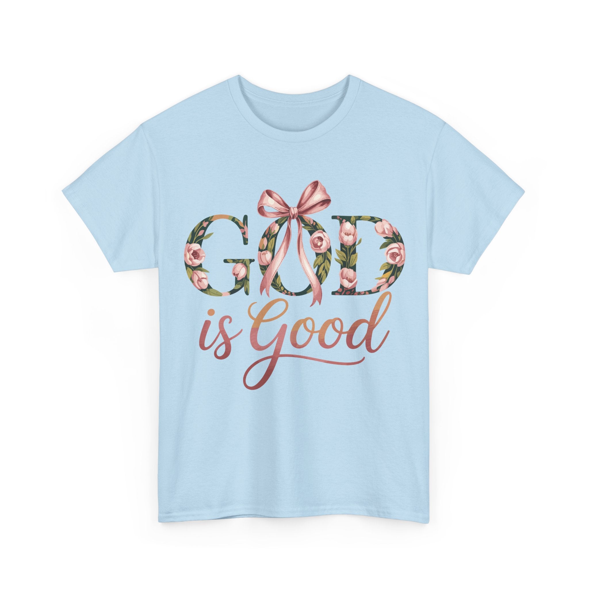 God Is Good Pink Rose Tee — Floral Ribbon Faith Unisex Cotton T-Shirt