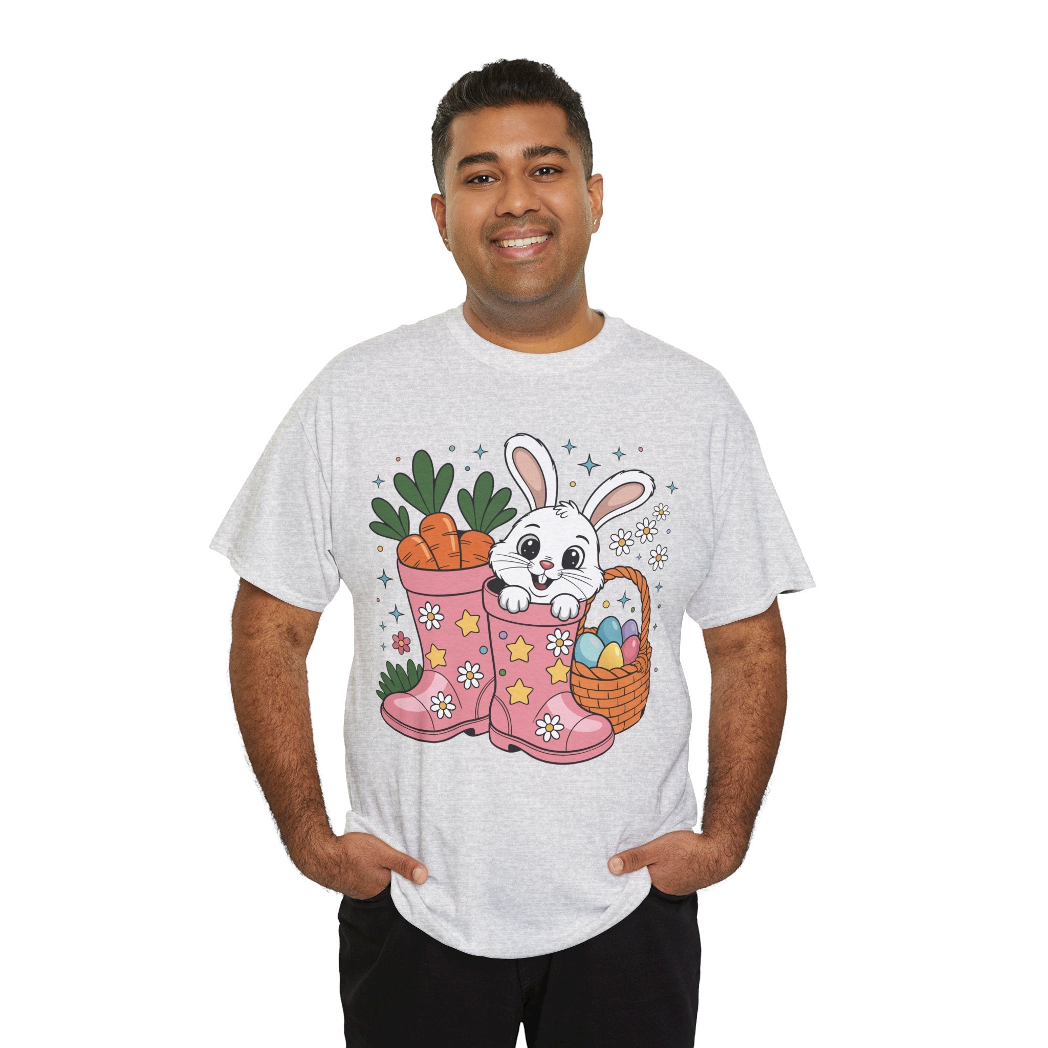 Easter Bunny in Pink Rain Boots T-Shirt — Cartoon Bunny, Carrots & Colorful Eggs Unisex Cotton Tee