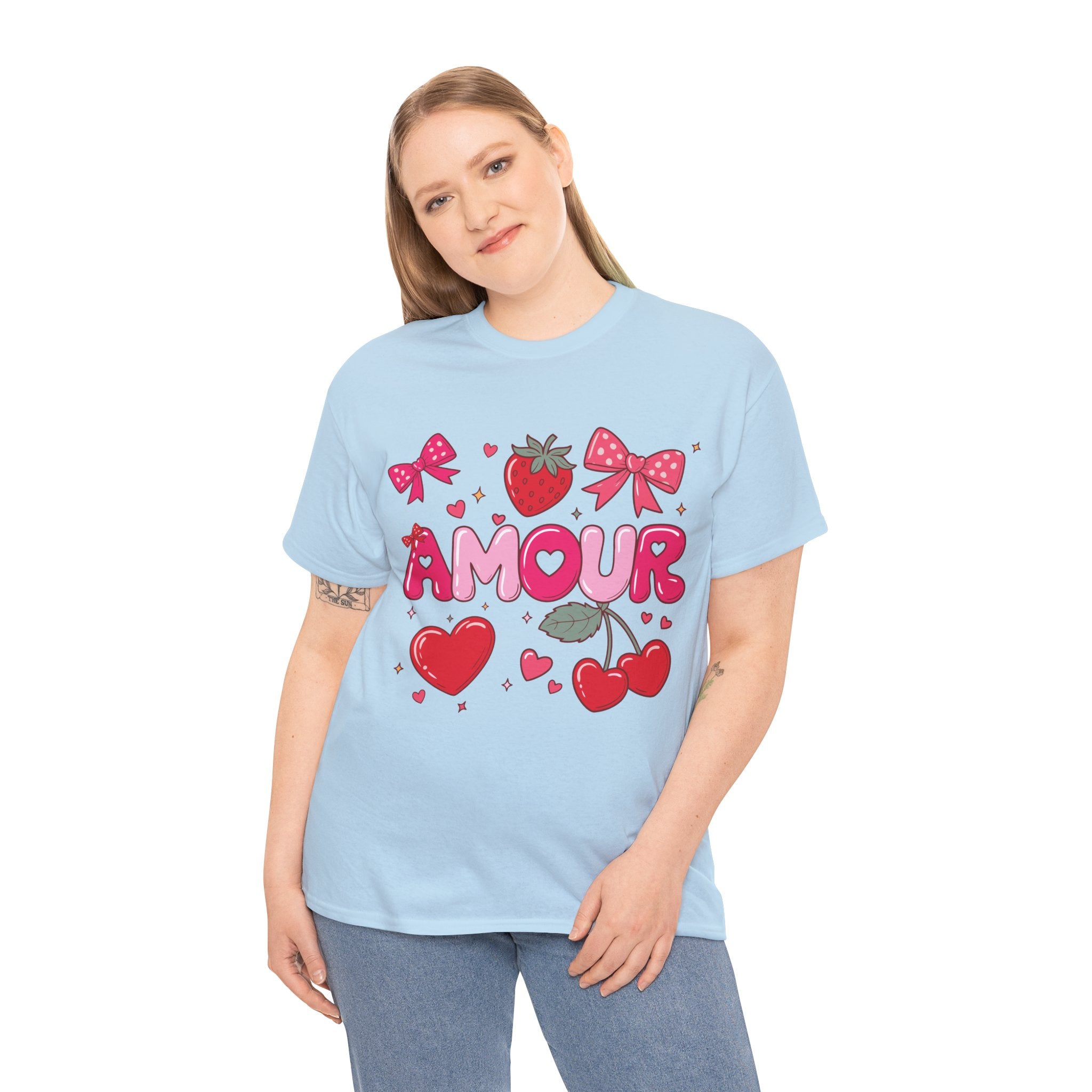 Amour Pink Hearts Tee — Shiny Lettering with Bows, Cherries & Strawberry Accent...Unisex Cotton Tee