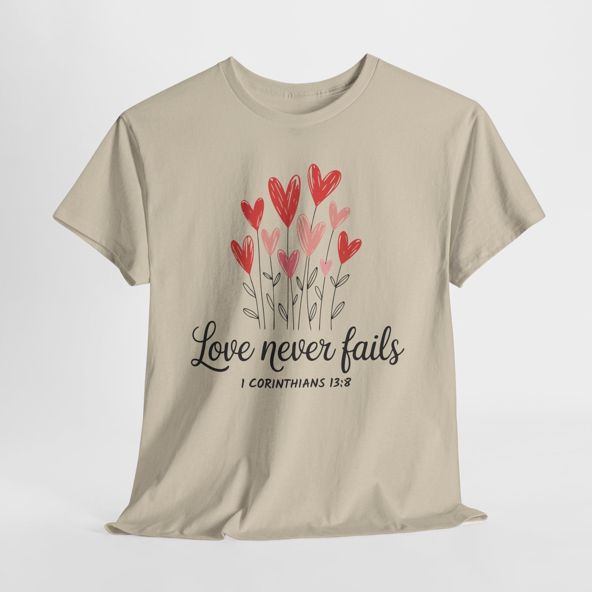 Christian Valentine T-Shirt — "Love Never Fails" (1 Corinthians 13:8) Unisex Cotton Tee