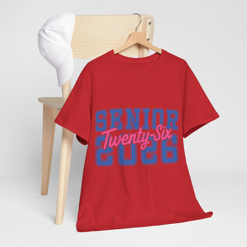 Senior 2026 Tee — Pink Varsity Block with Blue Script Overlay Unisex Cotton Tee