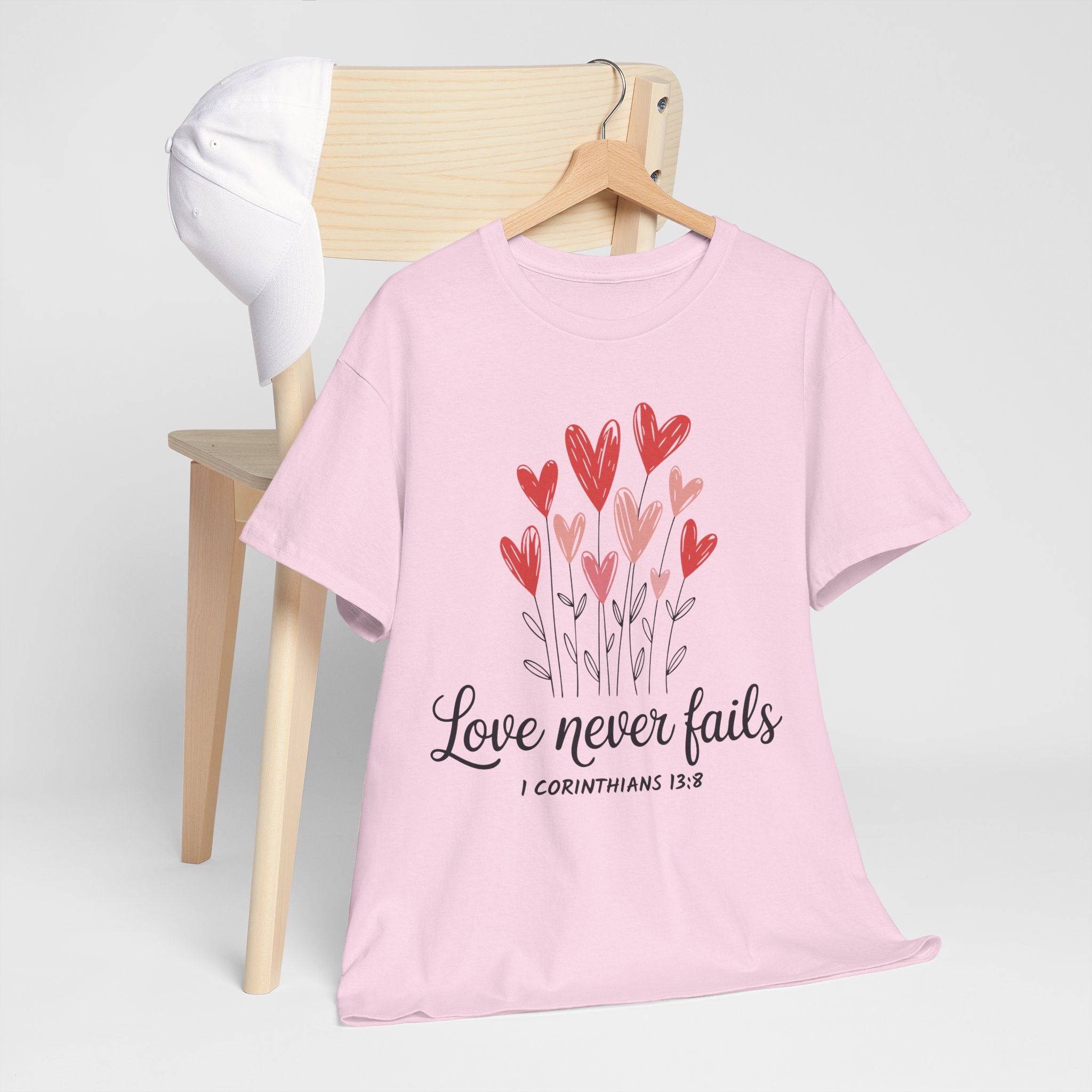 Christian Valentine T-Shirt — "Love Never Fails" (1 Corinthians 13:8) Unisex Cotton Tee