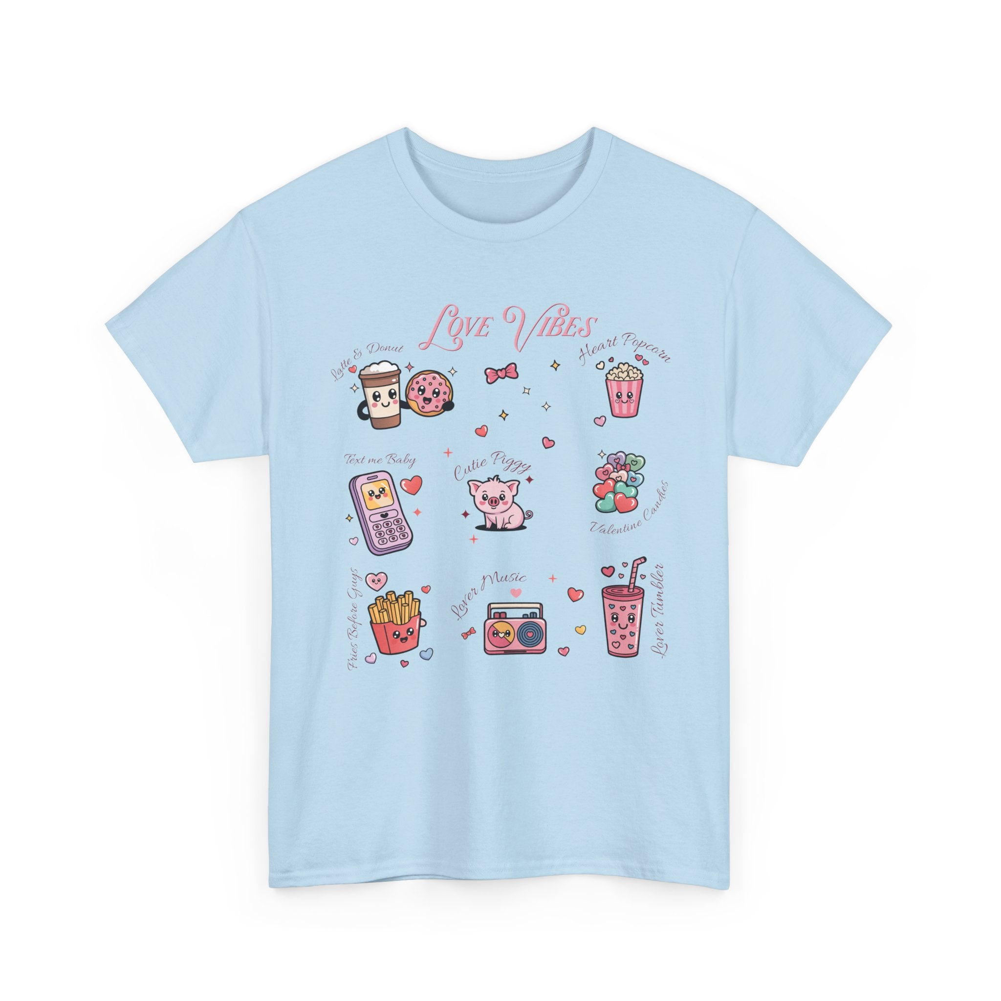 Love Vibes Kawaii Valentine T-Shirt — Cute Donut, Coffee & Piglet Design Unisex Cotton Tee