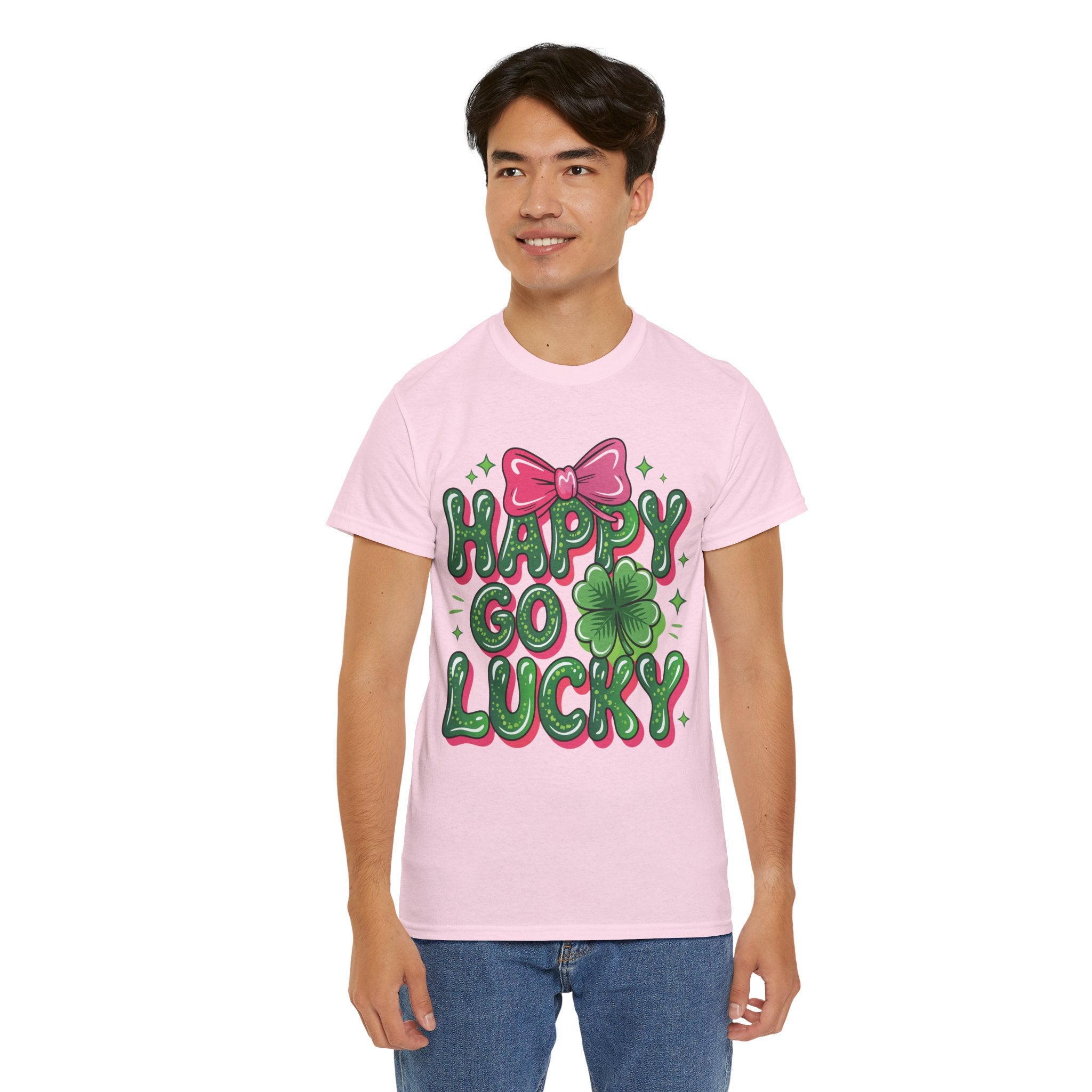 Happy Go Lucky Four-Leaf Clover Tee — Glossy Green Letters & Pink Bow Unisex Cotton Tee