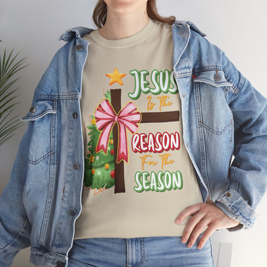 Jesus Is the Reason for the Season Christmas Tee — Cross with Pink Bow & Tree. Unisex Cotton Tee