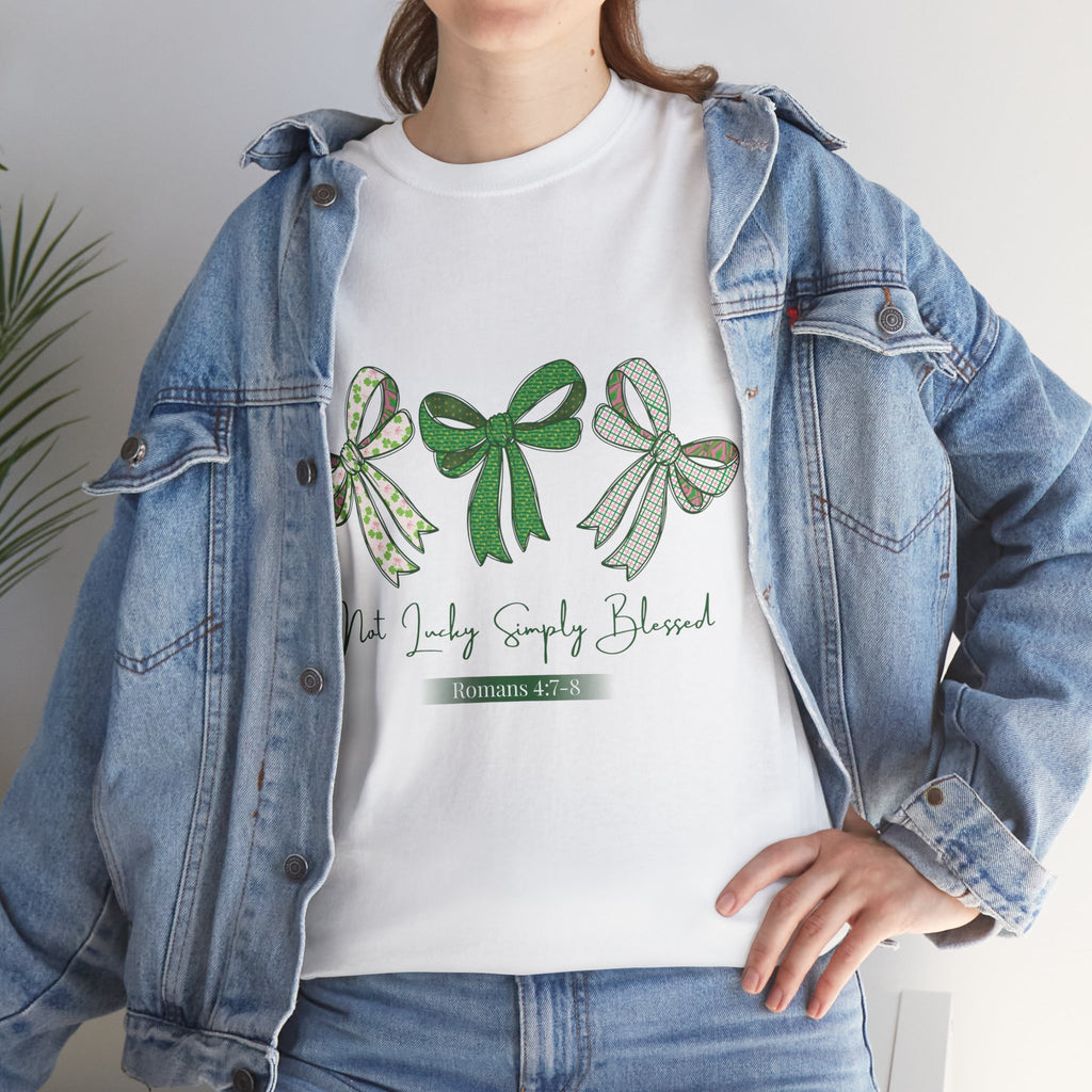 Not Lucky Simply Blessed Tee — Romans 4:7-8 Green Bow Christian Unisex Cotton T-Shirt