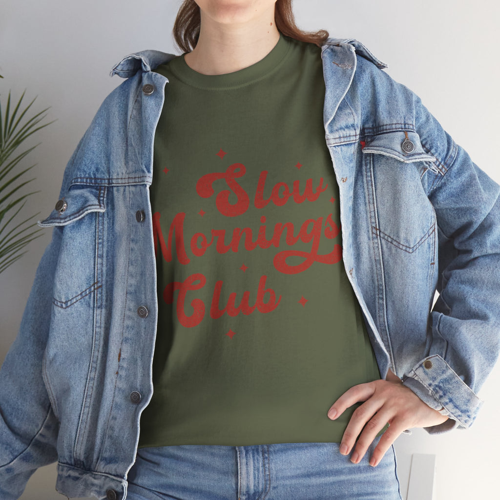 Slow Mornings Club T-Shirt — Retro Red Sparkle Unisex Cotton Tee