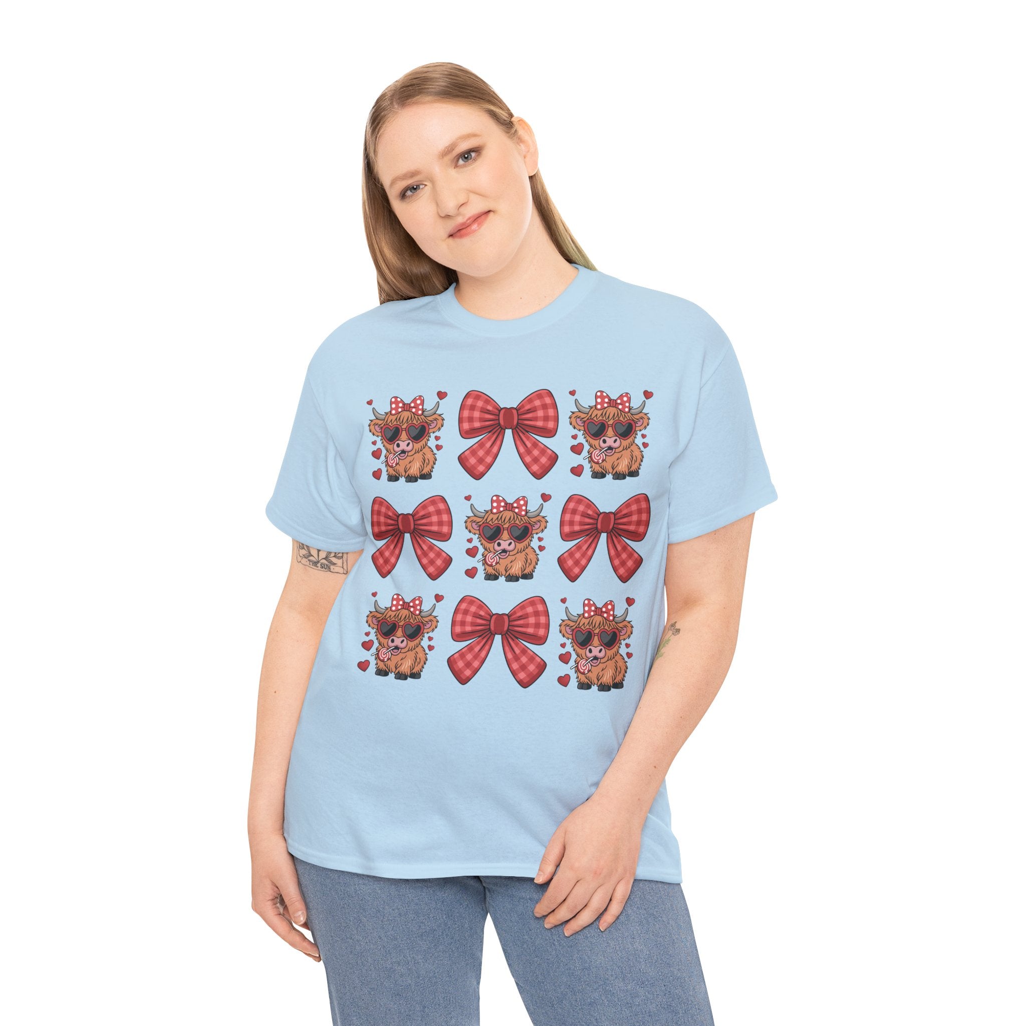 Valentine Cow Checkered Tee — Fluffy Cows with Heart Sunglasses & Red Bows..Unisex Cotton Tee