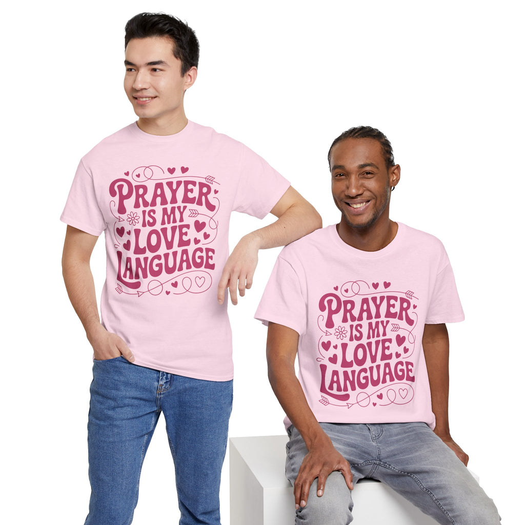 Prayer Is My Love Language Christian Tee — Pastel Pink Hearts Unisex Cotton Tee