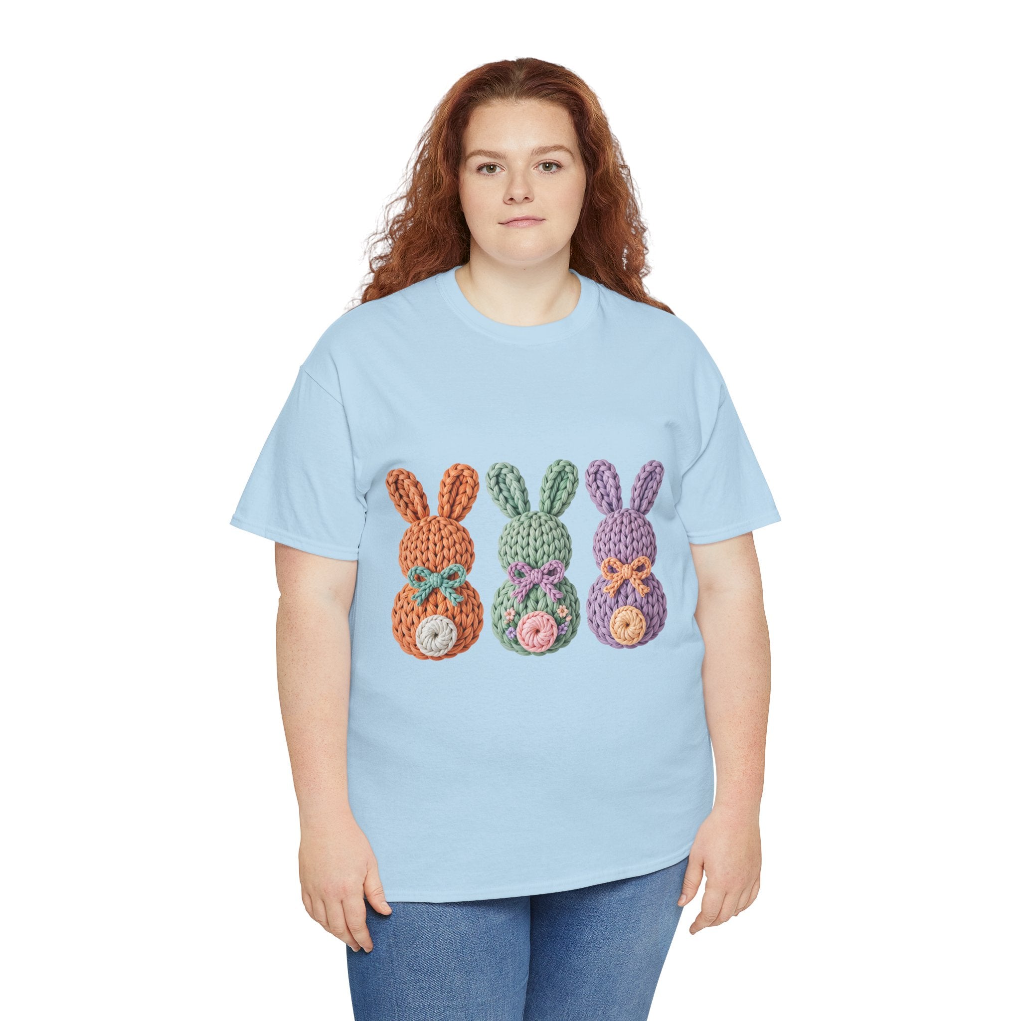 Pastel Crochet Bunny Tee — Trio of Faux Knit Bunnies with Bows & Flowers Unisex Cotton Tee