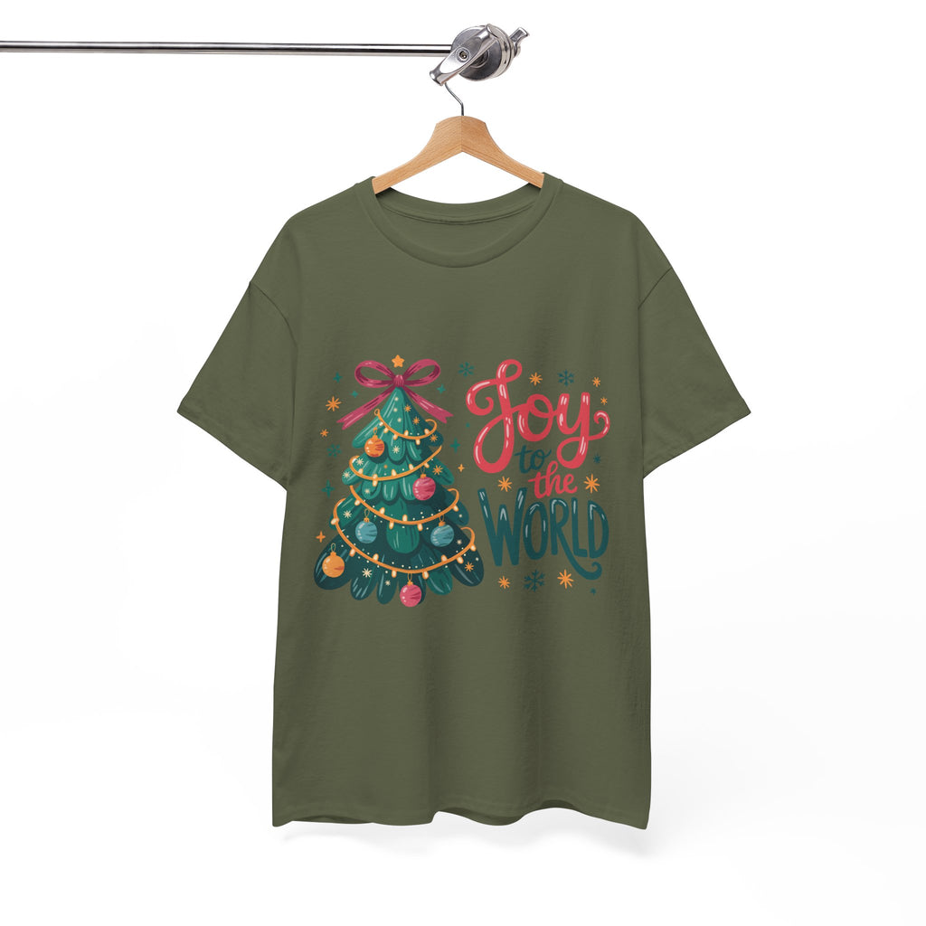 Joy to the World Christmas Tee — Festive Tree with Pink Bow..Unisex Cotton Tee