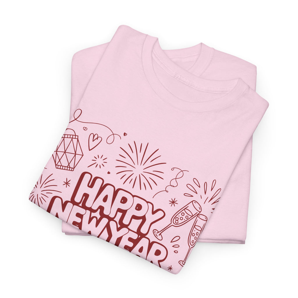 Happy New Year 2026 Doodle T-Shirt — Pink Party Icons & Champagne Unisex Cotton Tee