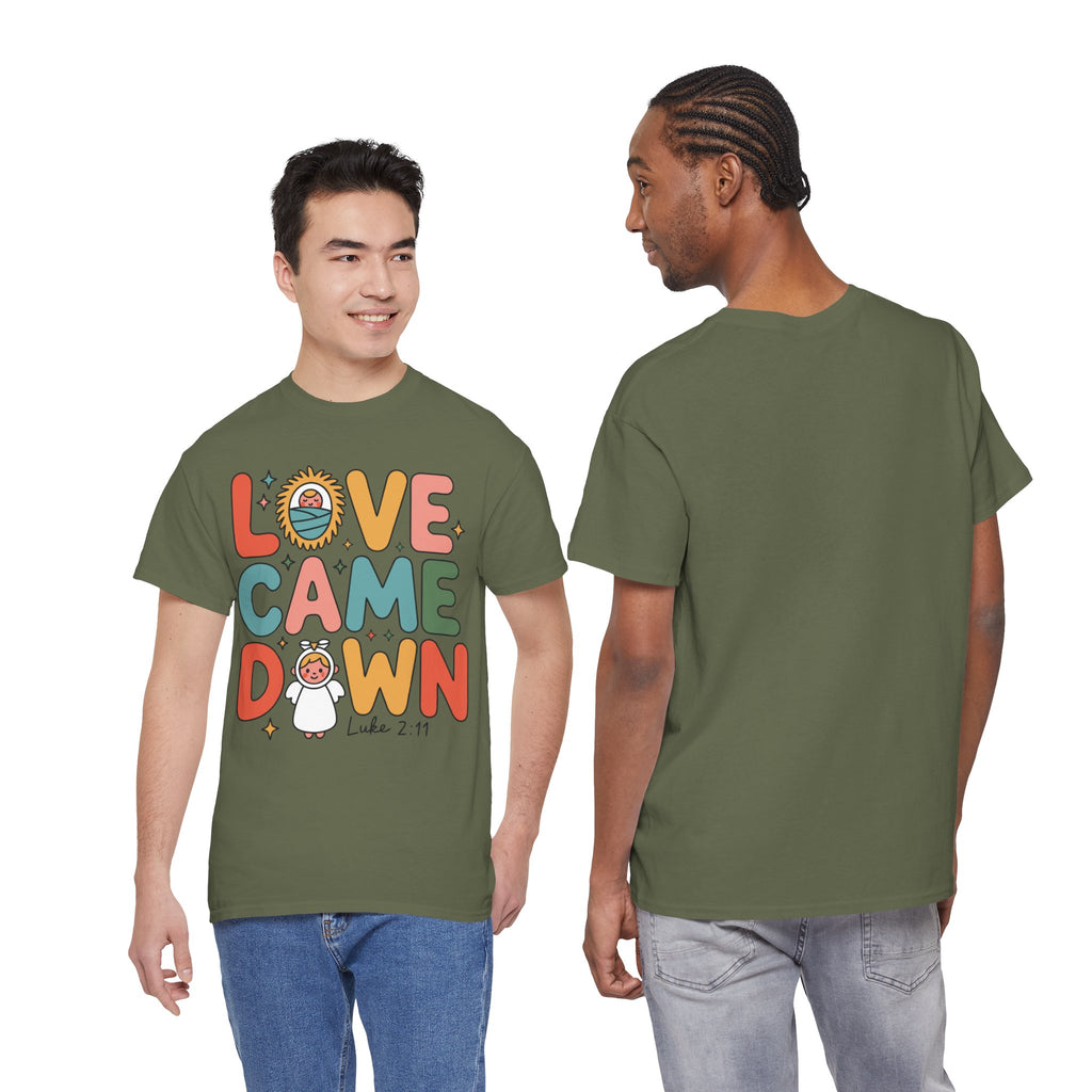 Love Came Down Christmas Tee — Baby Jesus Manger Angel (Luke 2:11)..Unisex Cotton Tee