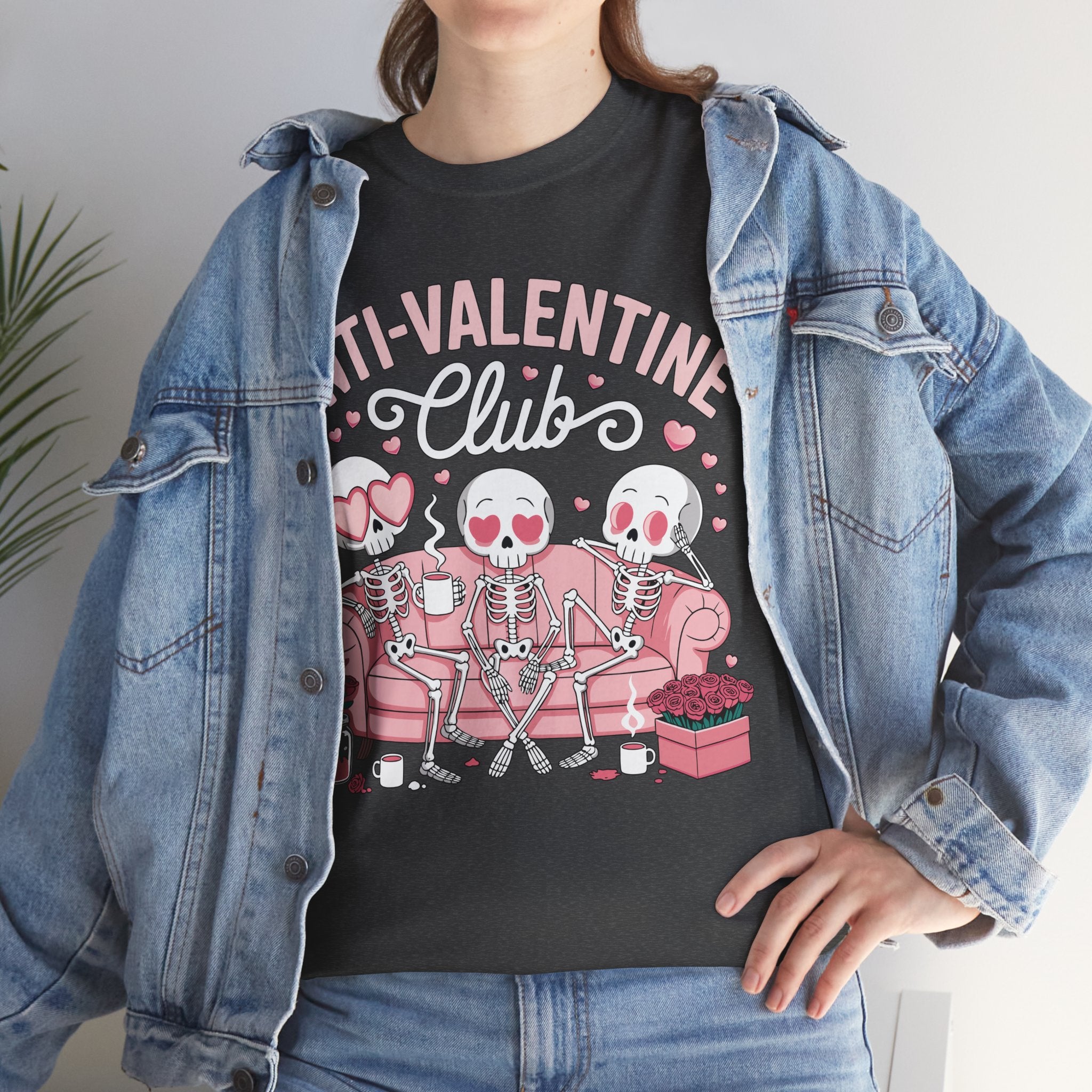 Anti-Valentine Club Skeleton Tee — Anti-Romance Pink Couch Graphic Unisex Cotton T-Shirt