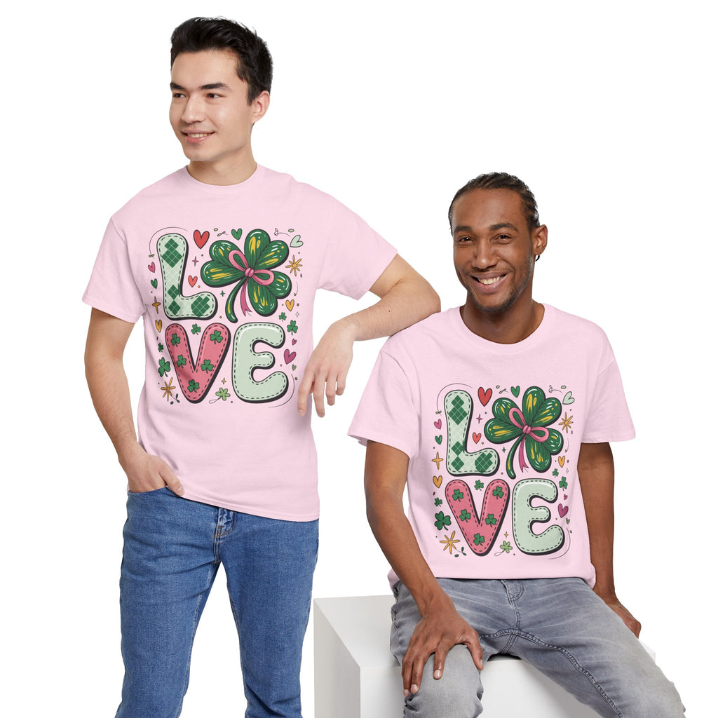 Stitched Clover 'LOVE' Tee — Heart & Patchwork St. Patrick's Unisex Cotton T-Shirt