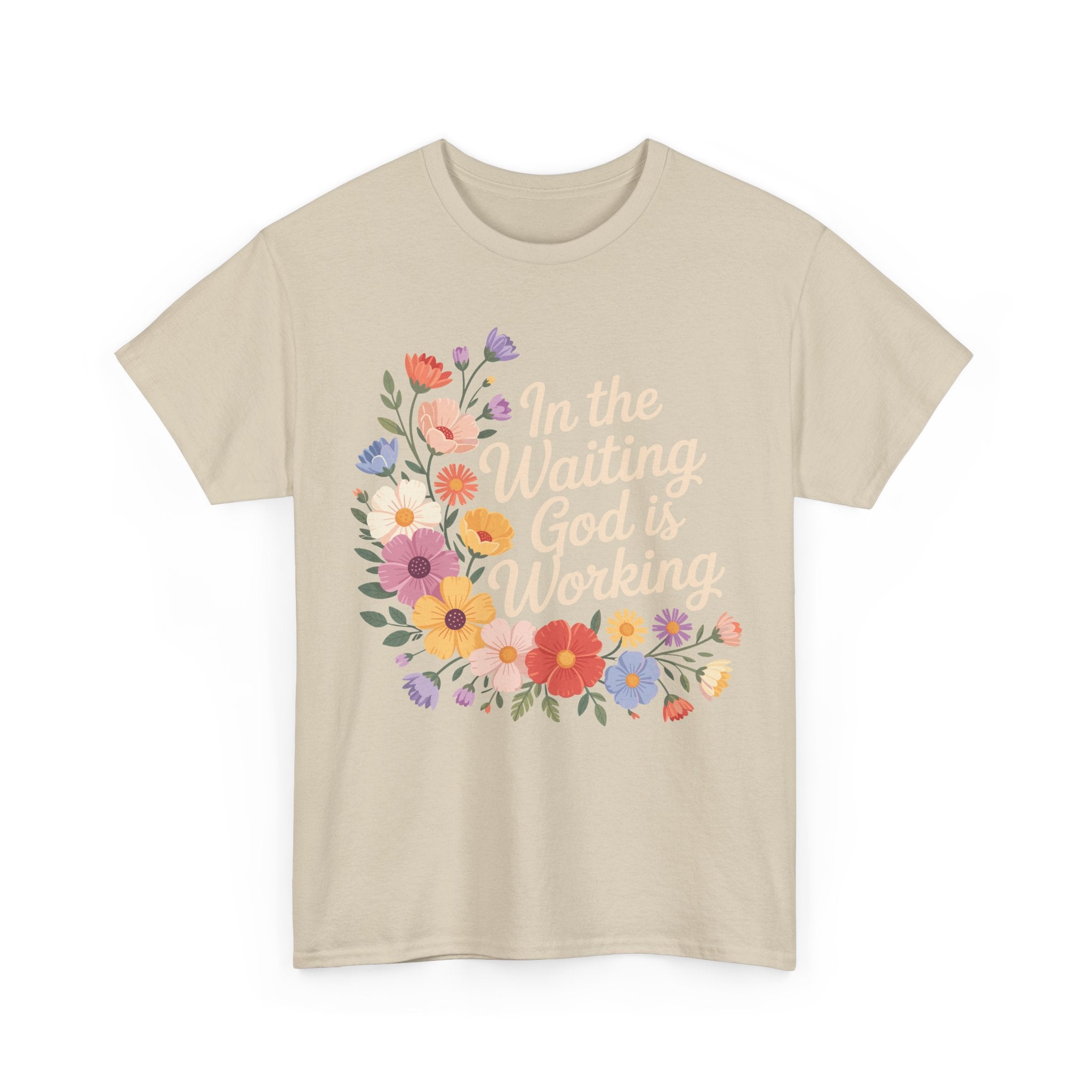Pastel Floral “In the Waiting God Is Working” Unisex Cotton T-Shirt