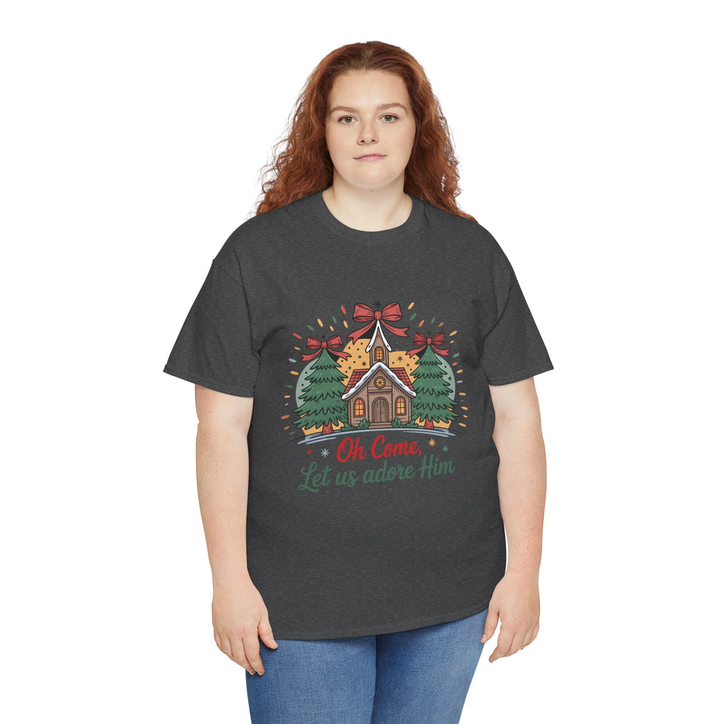 Oh Come Let Us Adore Him Christmas Tee — Church & Trees Holiday Unisex Cotton Tshirt