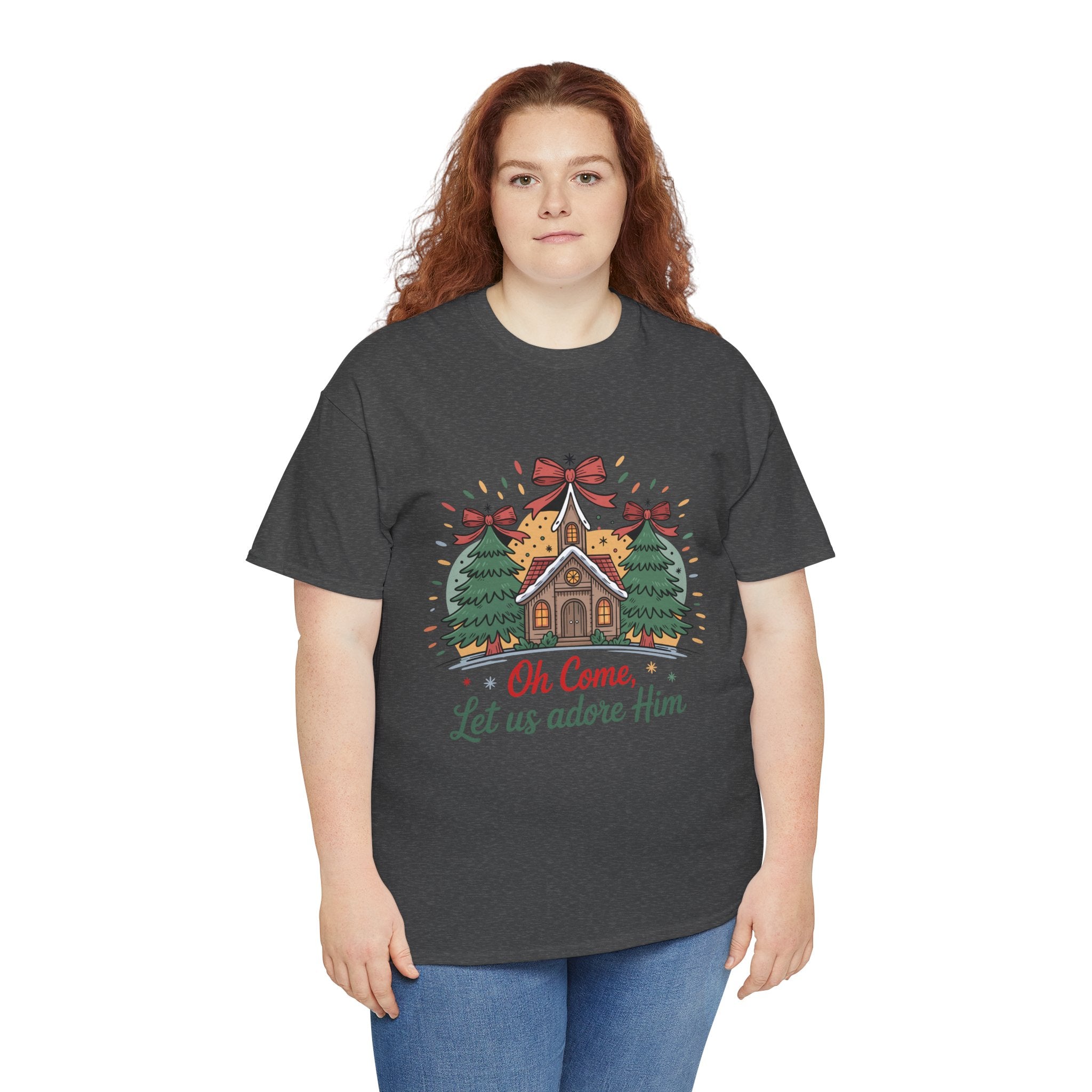 Oh Come Let Us Adore Him Christmas Tee — Church & Trees Holiday Unisex Cotton Tshirt