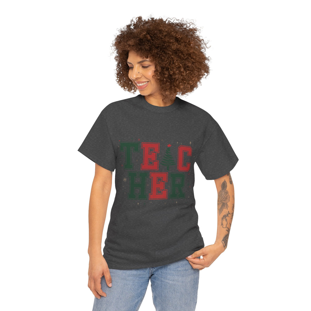 Teacher Christmas Varsity T-Shirt — Red & Green Holiday Unisex Cotton Tee