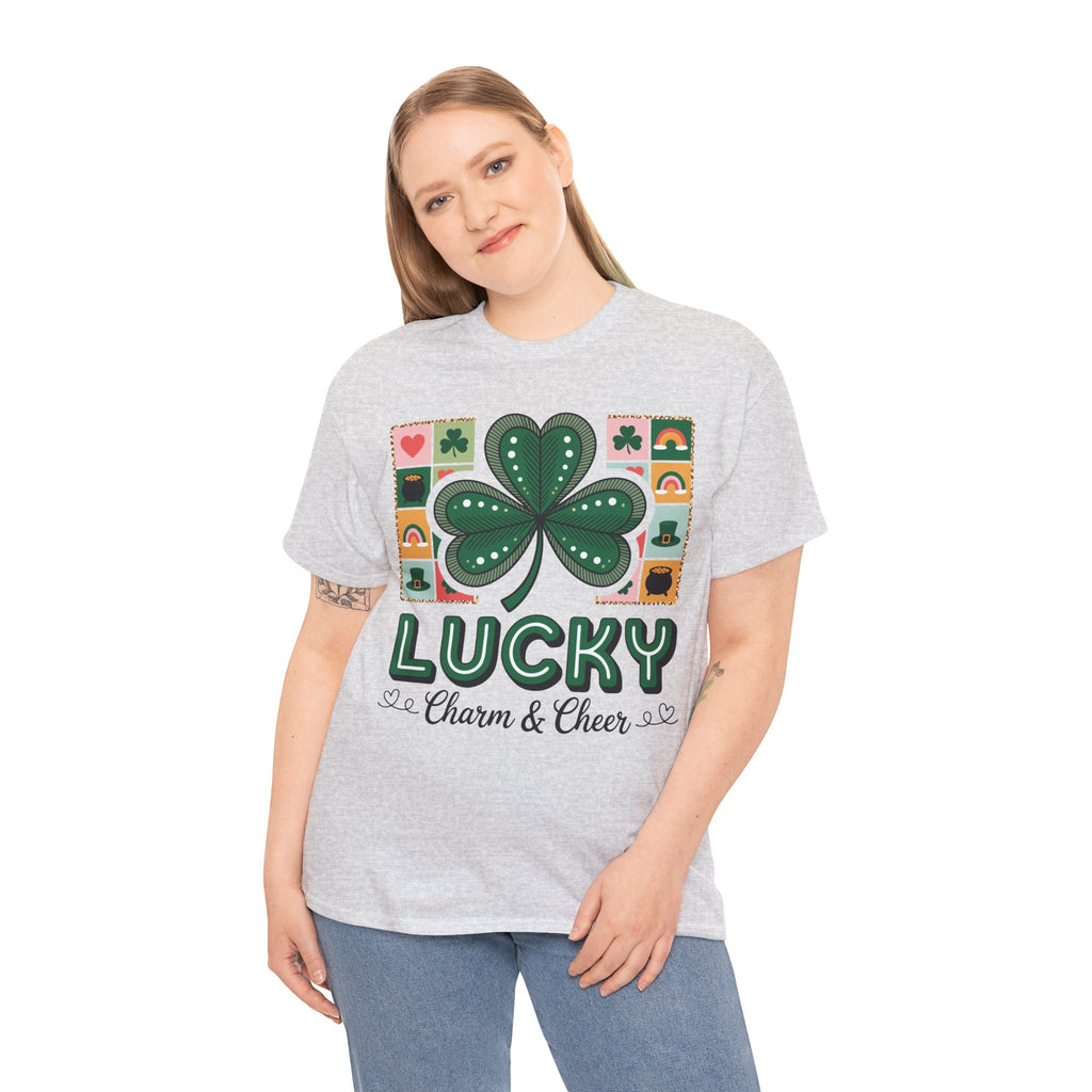 Lucky Charm & Cheer Clover Tee — Patchwork St. Patrick’s Day Unisex Cotton T-Shirt