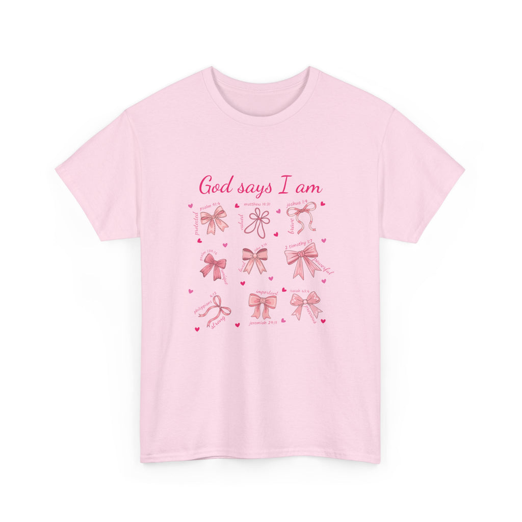 God Says I Am Pink Bow Tee — Faith-Based 'Loved, Brave, Strong' Unisex Cotton Shirt