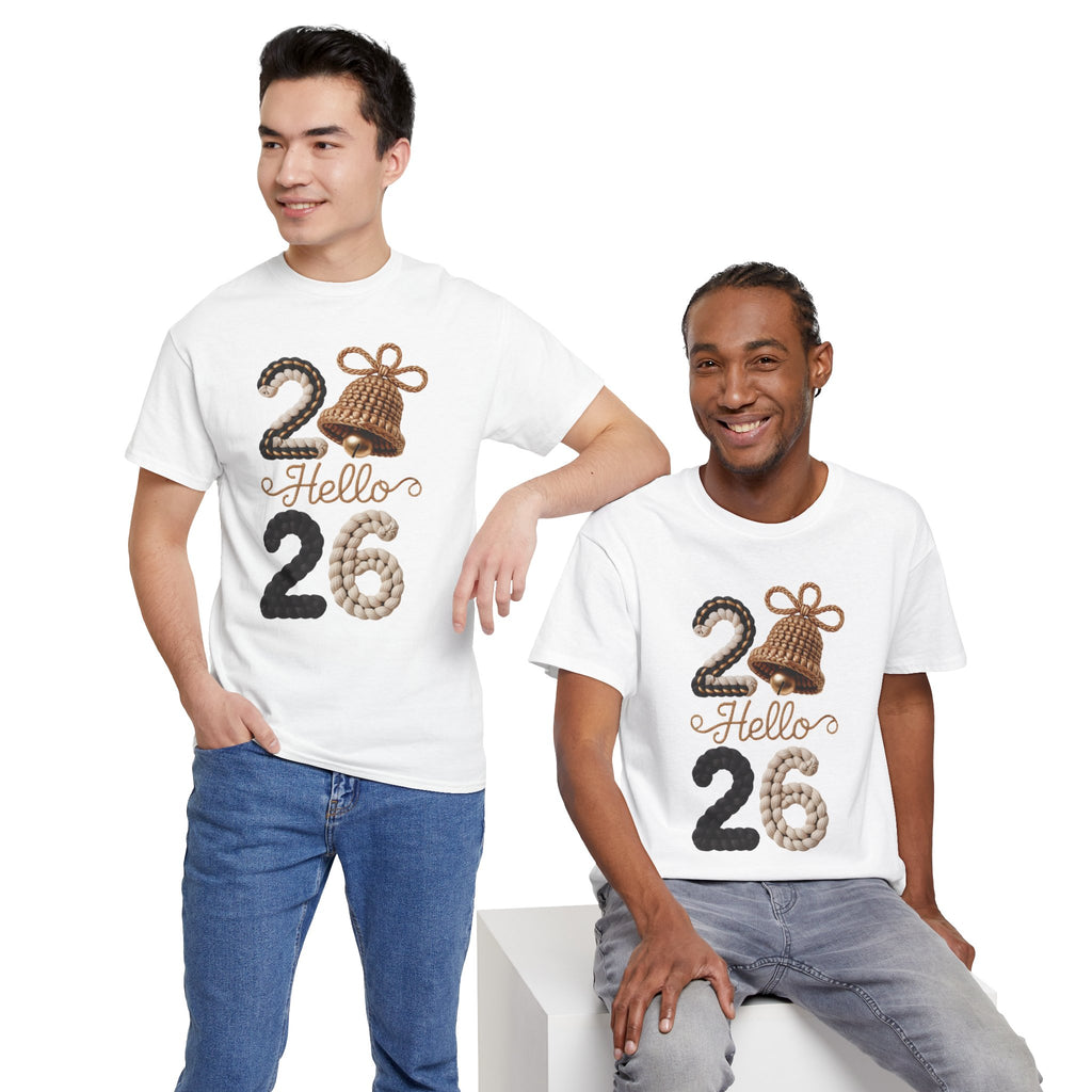 Hello 2026 Tee — Cozy Faux Yarn Braided Numbers with Woven Golden Bell..Unisex Cotton Tee