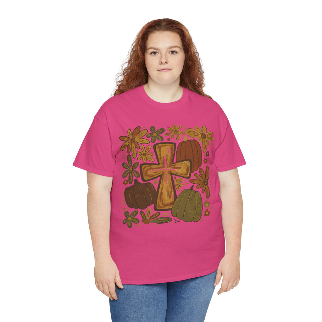 Autumn Cross Tee — Rustic Pumpkin & Fall Floral Christian Unisaex Cotton T-Shirt