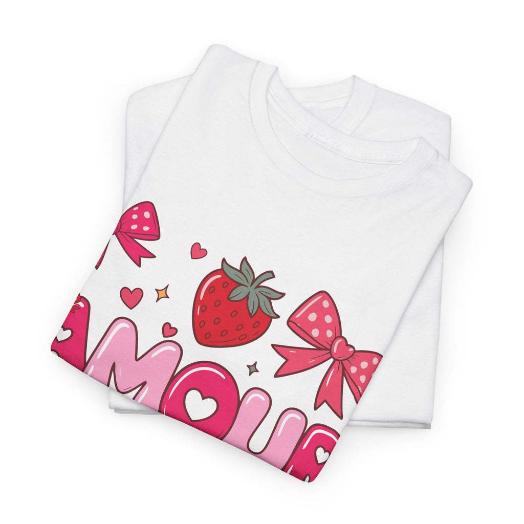Amour Pink Hearts Tee — Shiny Lettering with Bows, Cherries & Strawberry Accent...Unisex Cotton Tee