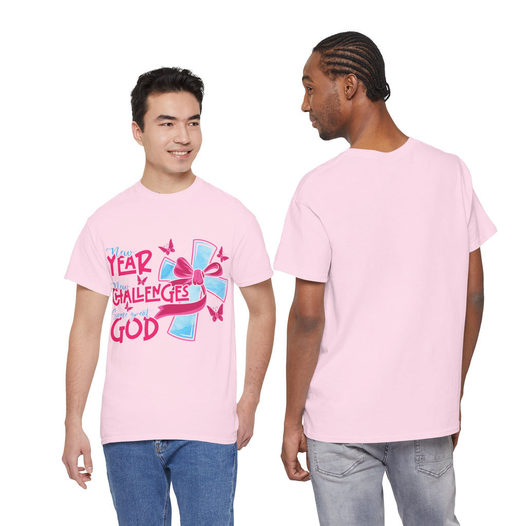 Christian T-Shirt — “New Year, New Challenges, Same Great God” with Pink Bow Cross & Butterflies. Unisex Cotton Tee
