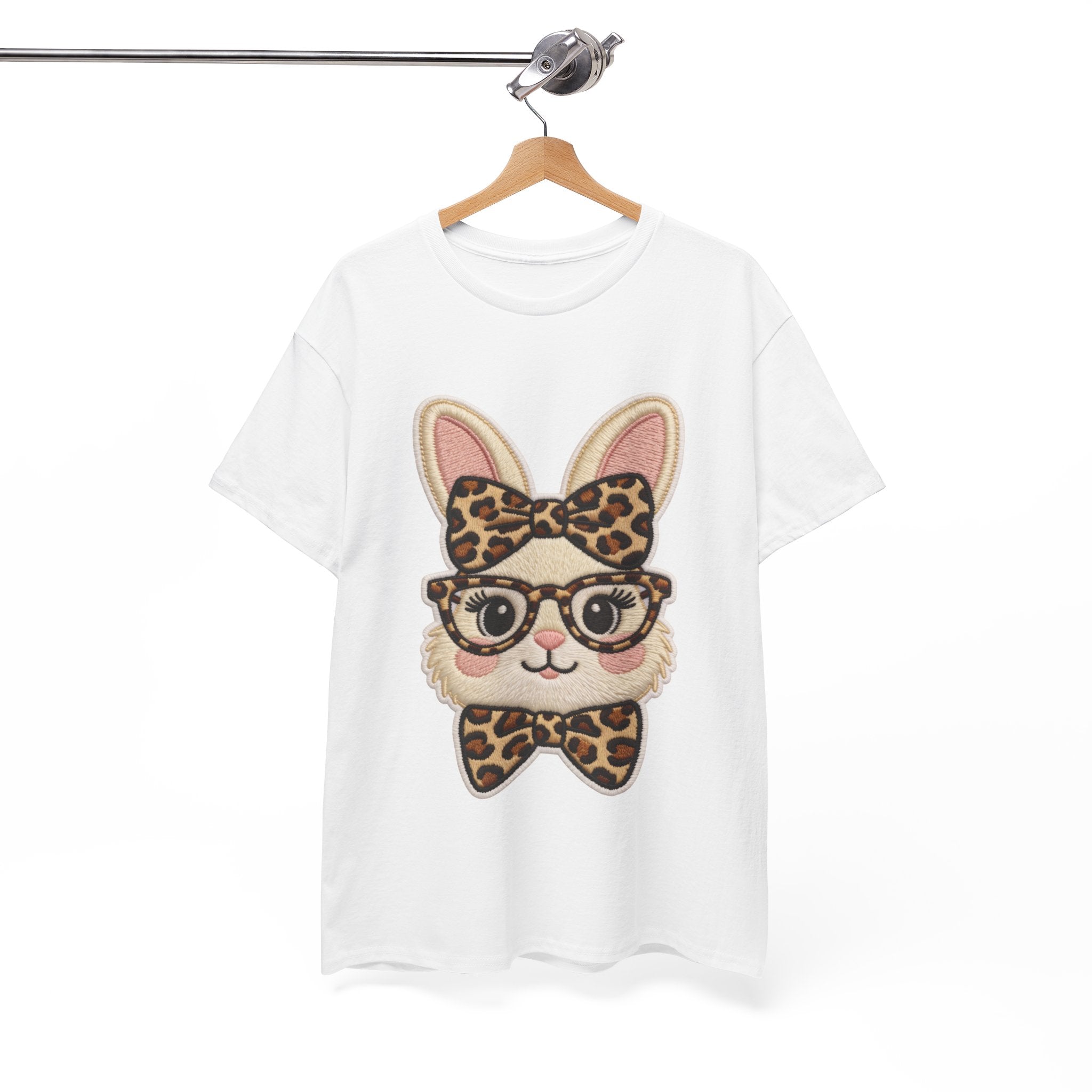 Leopard Bow Bunny Embroidered Tee — Cute Bunny Face with Glasses Patch Unisex Cotton Tee