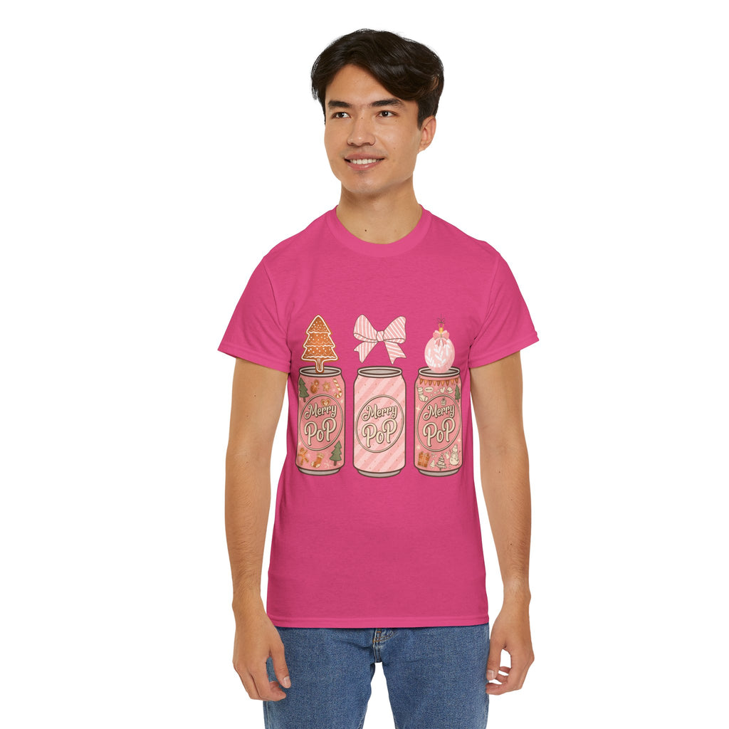 Merry Pop Christmas Soda Can Tee — Pastel Holiday Graphic Unisex Cotton T-Shirt