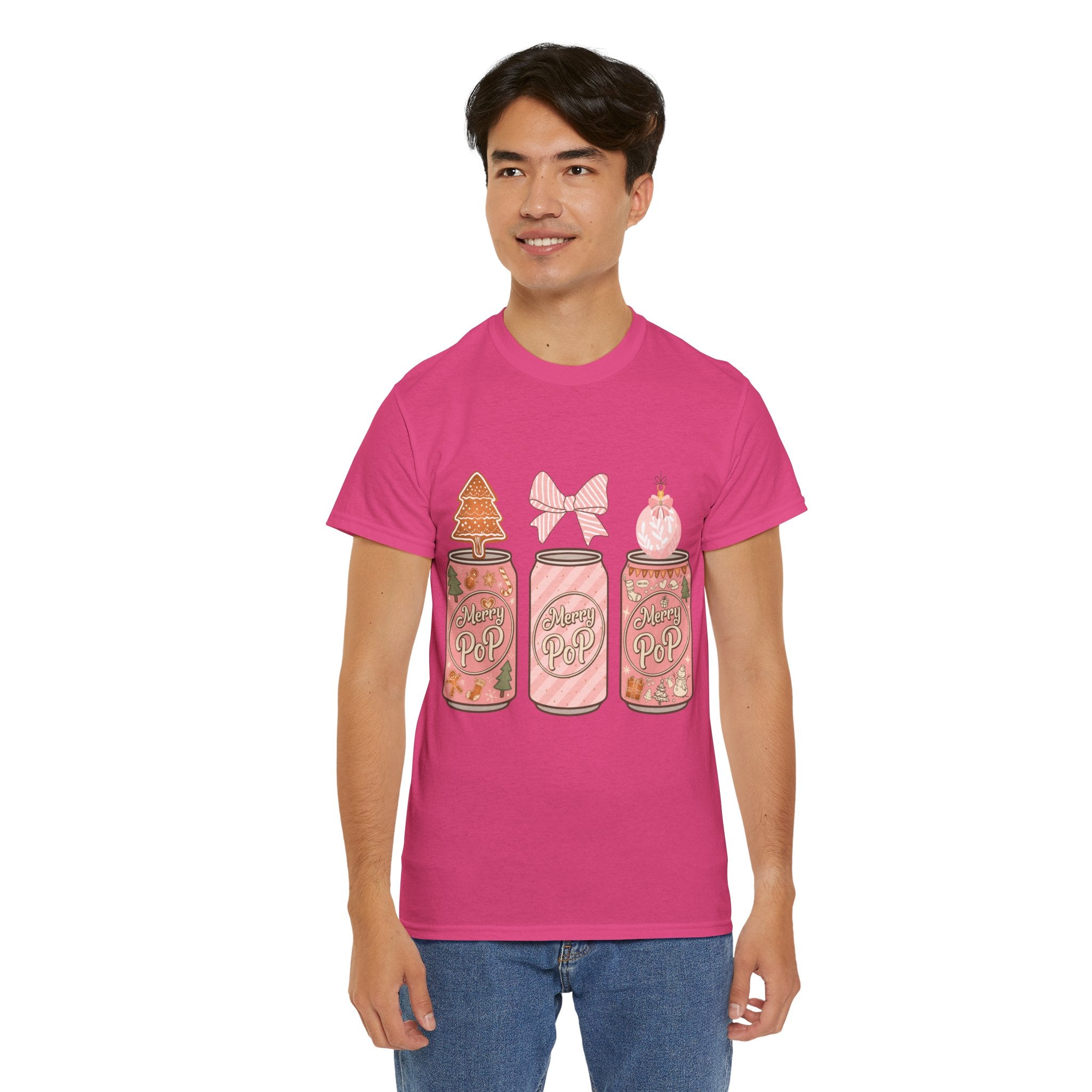 Merry Pop Christmas Soda Can Tee — Pastel Holiday Graphic Unisex Cotton T-Shirt