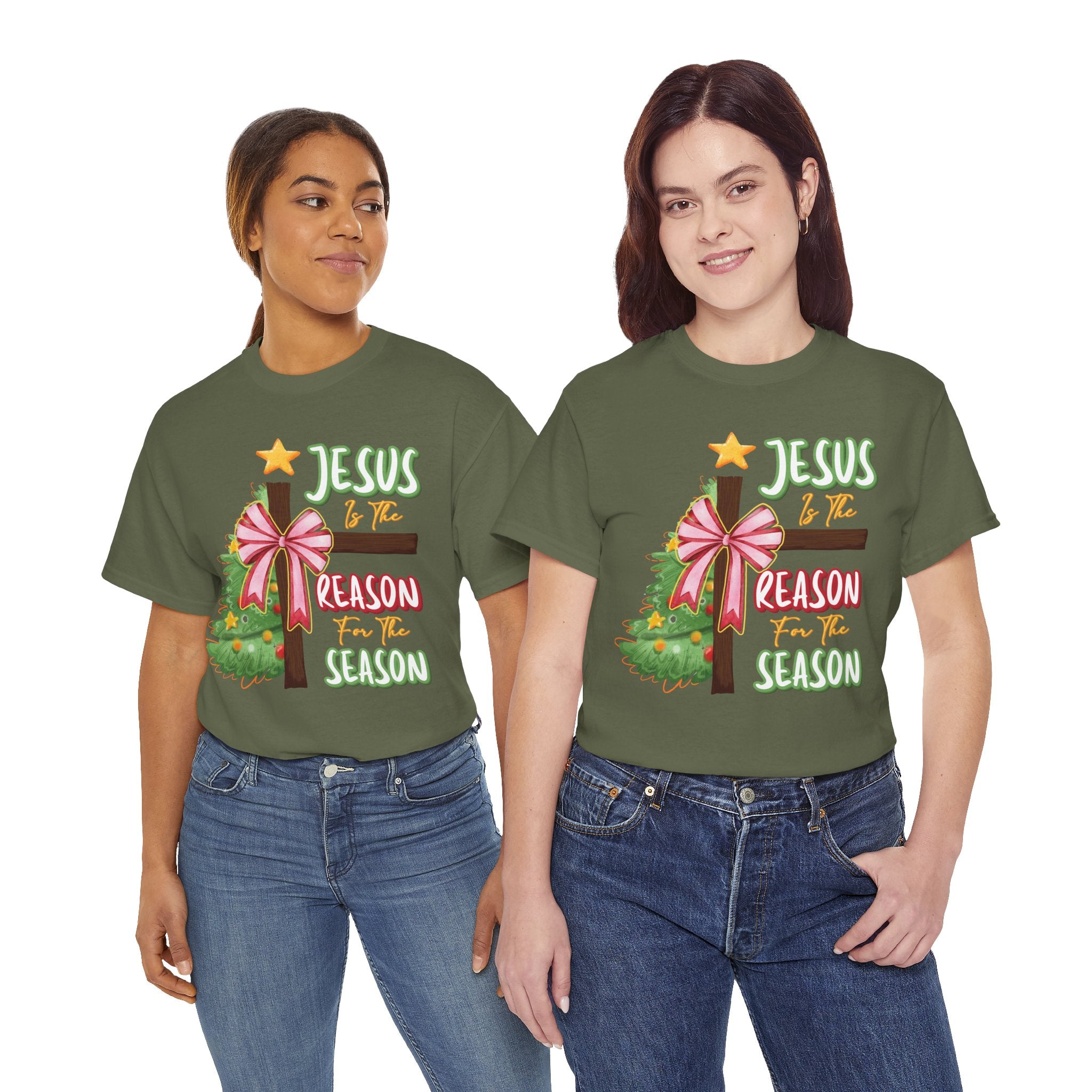 Jesus Is the Reason for the Season Christmas Tee — Cross with Pink Bow & Tree. Unisex Cotton Tee