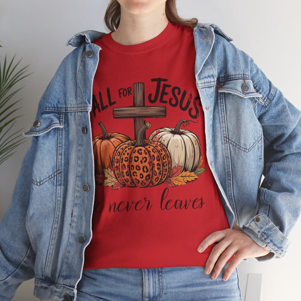 Fall for Jesus Pumpkin Cross Tee — "He Never Leaves" Autumn Christian Unisex Cotton T-Shirt